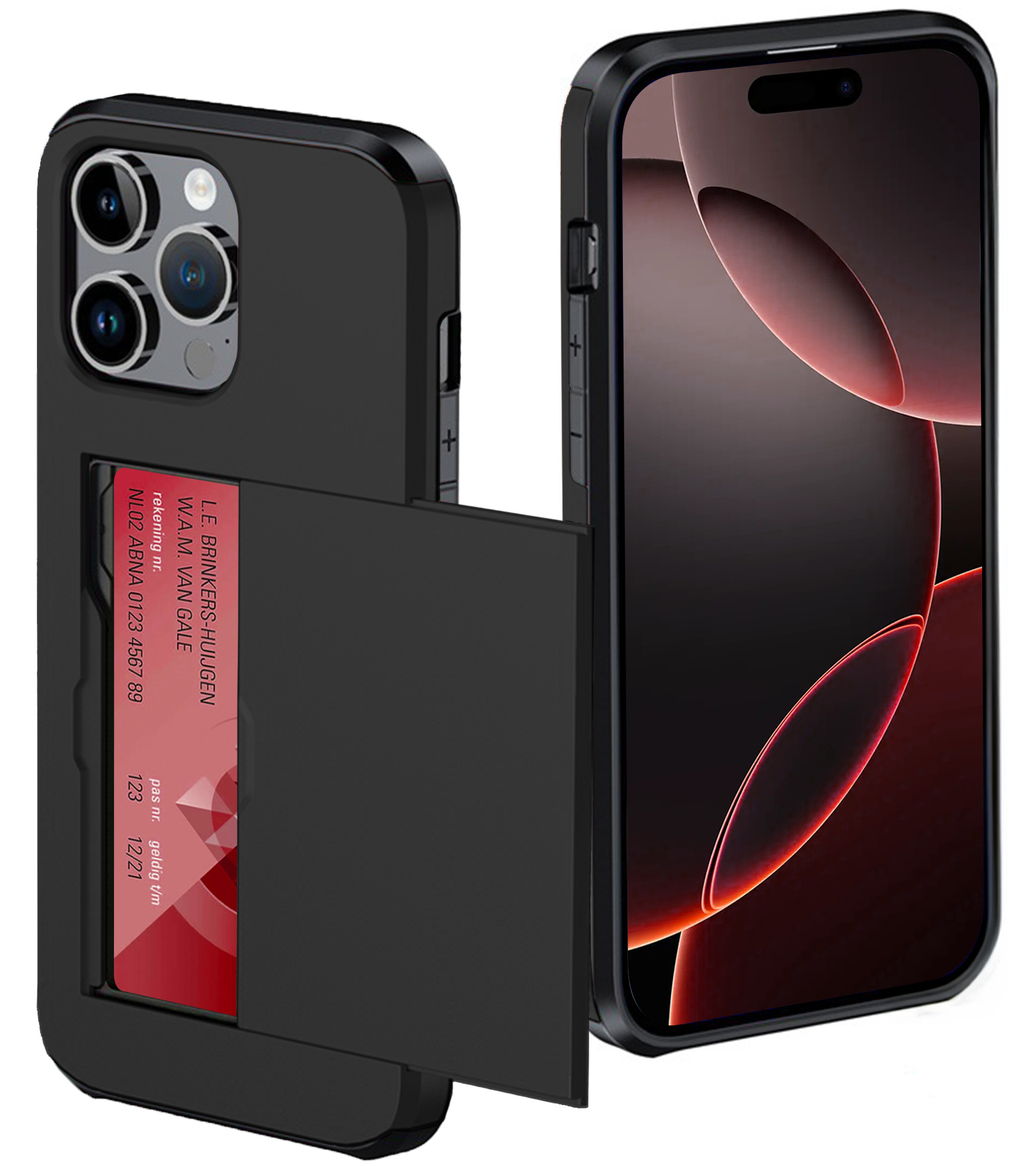 NoXx Hoes Geschikt voor iPhone 16 Pro Hoesje Pasjeshouder Hard Cover Shock Proof Hard Case Hoes Met Kaarthouder - Zwart