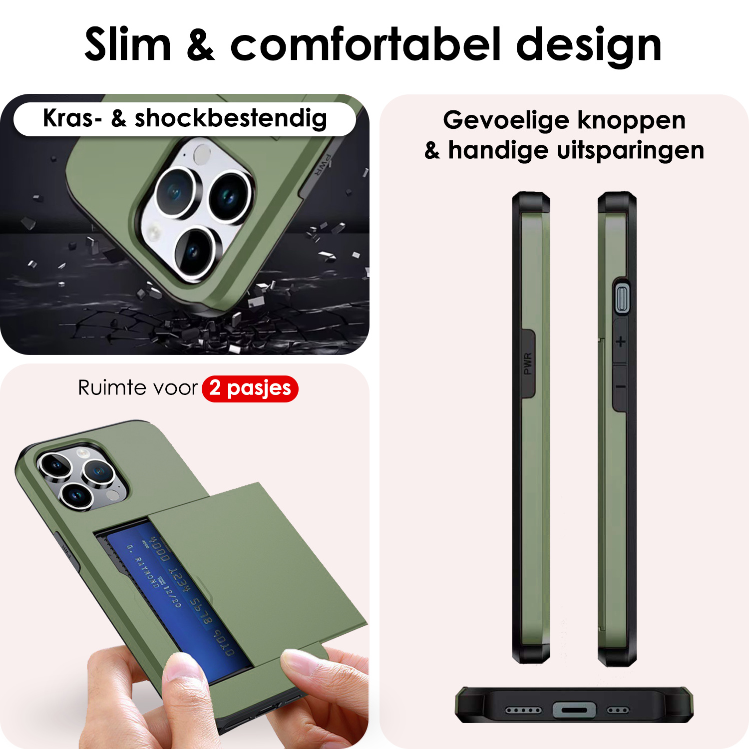 NoXx Hoes Geschikt voor iPhone 16 Pro Max Hoesje Pasjeshouder Hard Cover Shock Proof Hard Case Hoes Met Kaarthouder - Donkergroen
