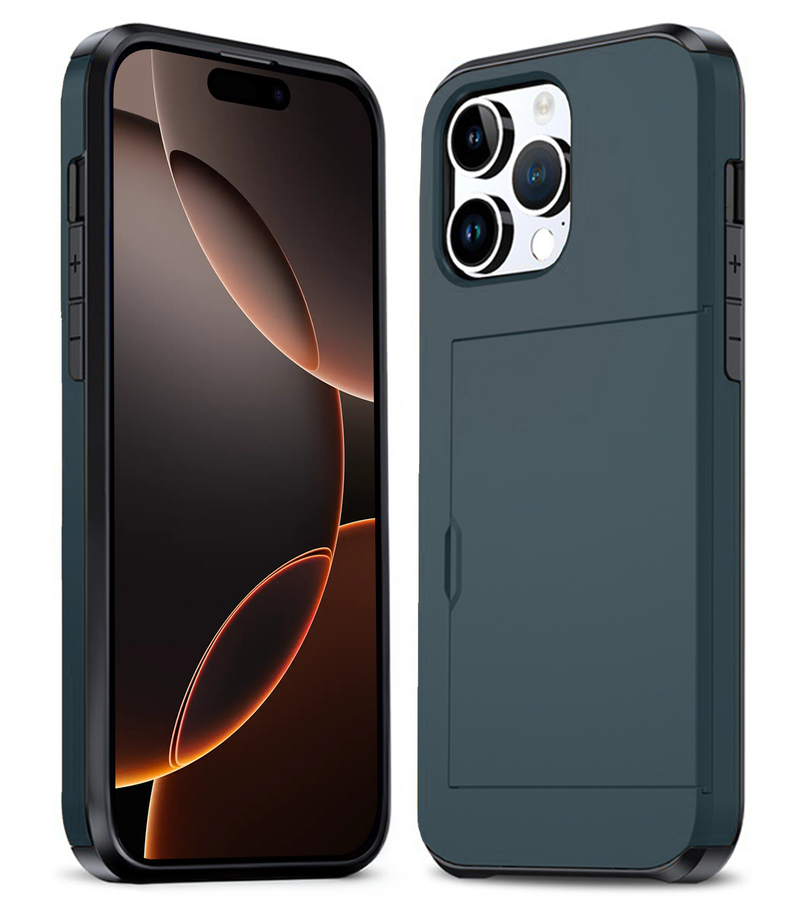Nomfy Hoesje Geschikt voor iPhone 16 Pro Hoesje Pasjeshouder Shockproof Hard Case - Hoesje Geschikt voor iPhone 16 Pro Hoes Met Kaarthouder - Donkerblauw
