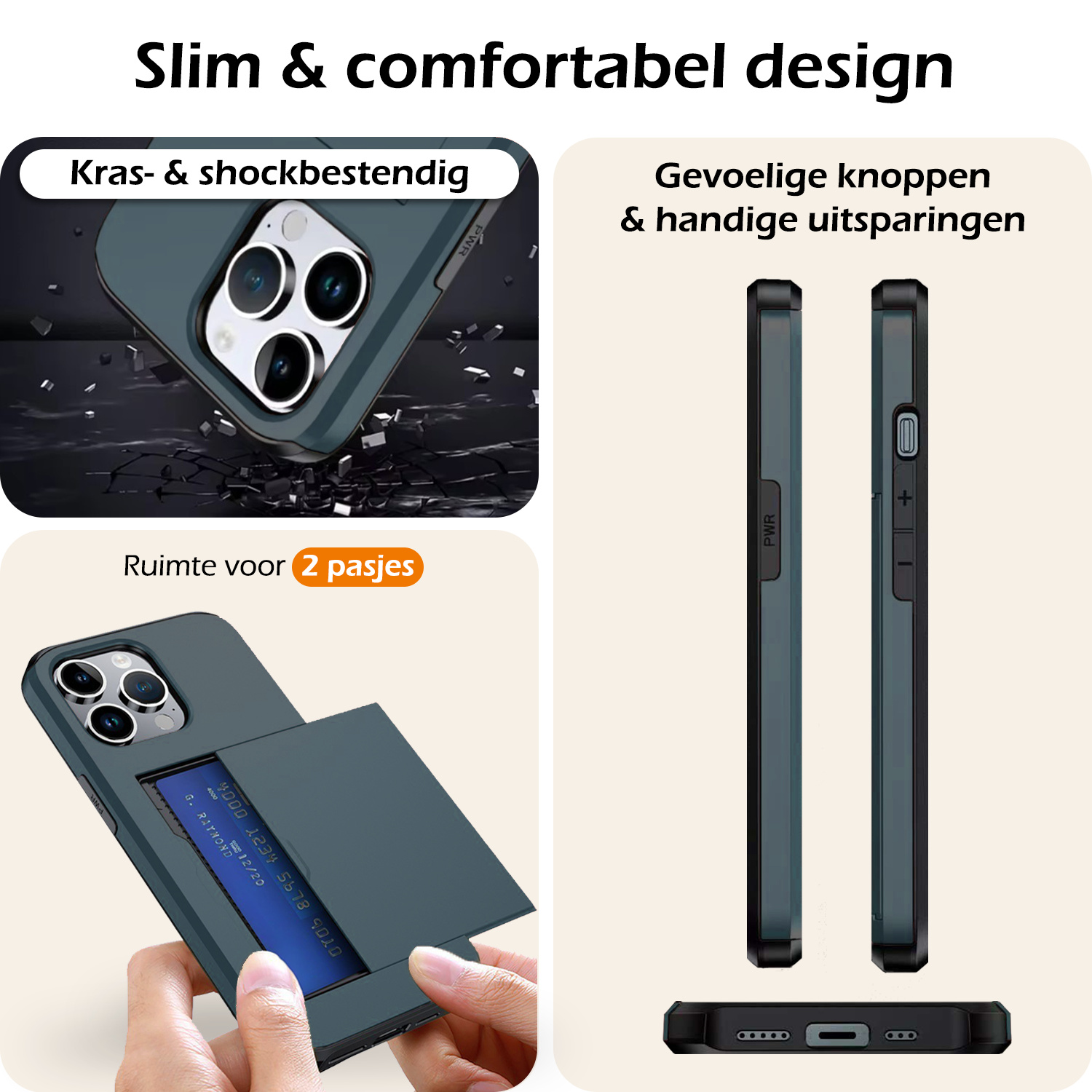 Nomfy Hoesje Geschikt voor iPhone 16 Pro Hoesje Pasjeshouder Shockproof Hard Case - Hoesje Geschikt voor iPhone 16 Pro Hoes Met Kaarthouder - Donkerblauw