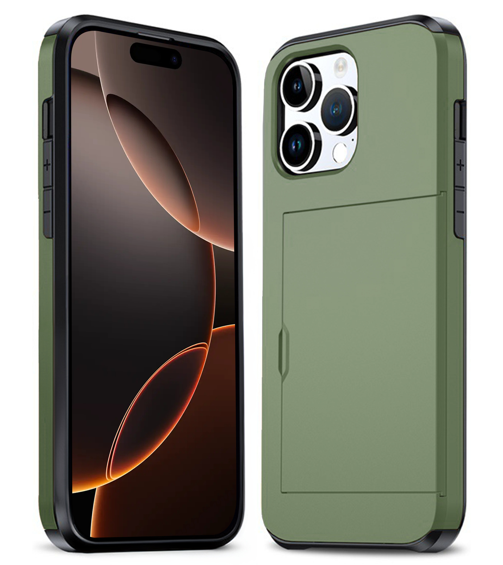Nomfy Hoesje Geschikt voor iPhone 16 Pro Hoesje Pasjeshouder Shockproof Hard Case - Hoesje Geschikt voor iPhone 16 Pro Hoes Met Kaarthouder - Donkergroen