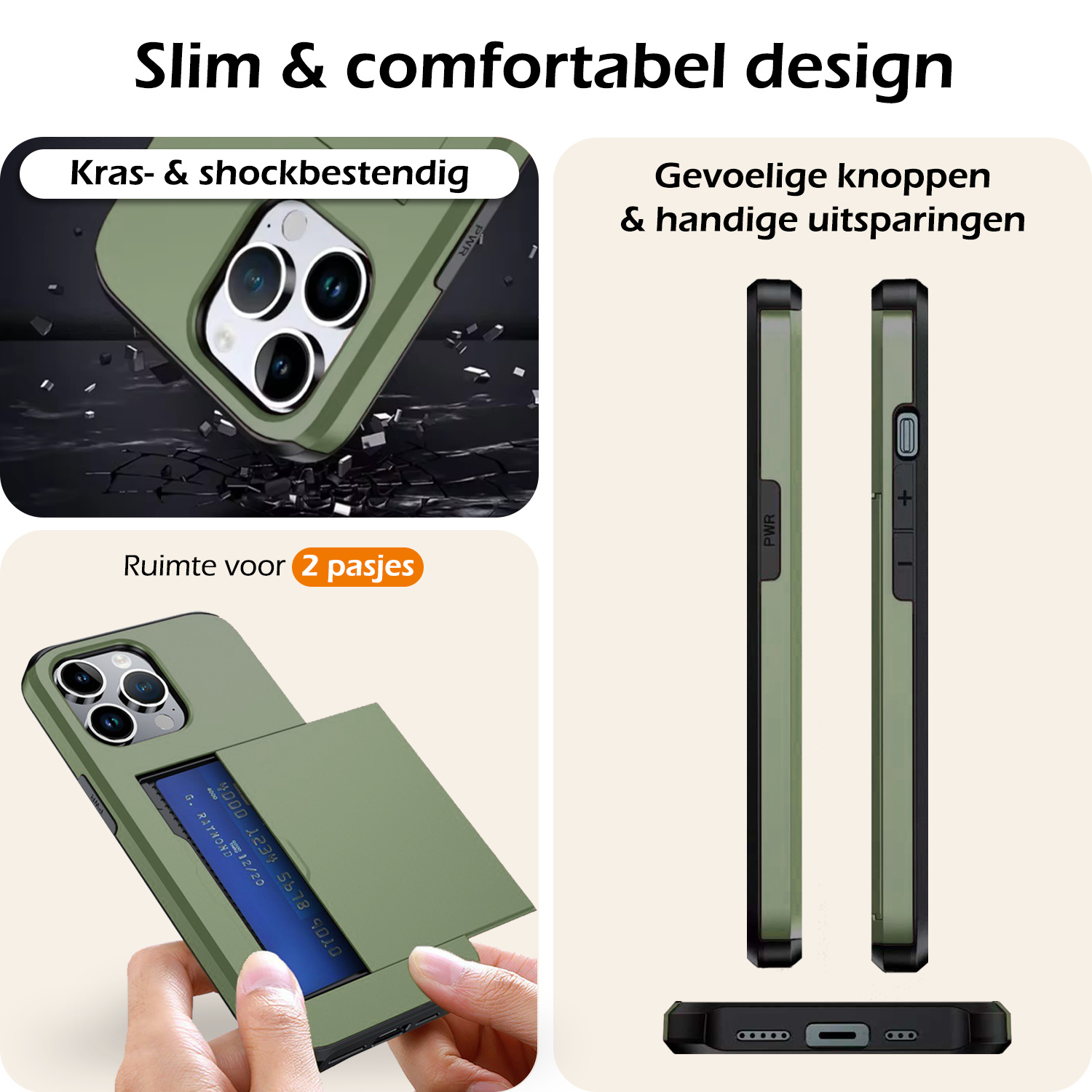 Nomfy Hoesje Geschikt voor iPhone 16 Pro Hoesje Pasjeshouder Shockproof Hard Case - Hoesje Geschikt voor iPhone 16 Pro Hoes Met Kaarthouder - Donkergroen