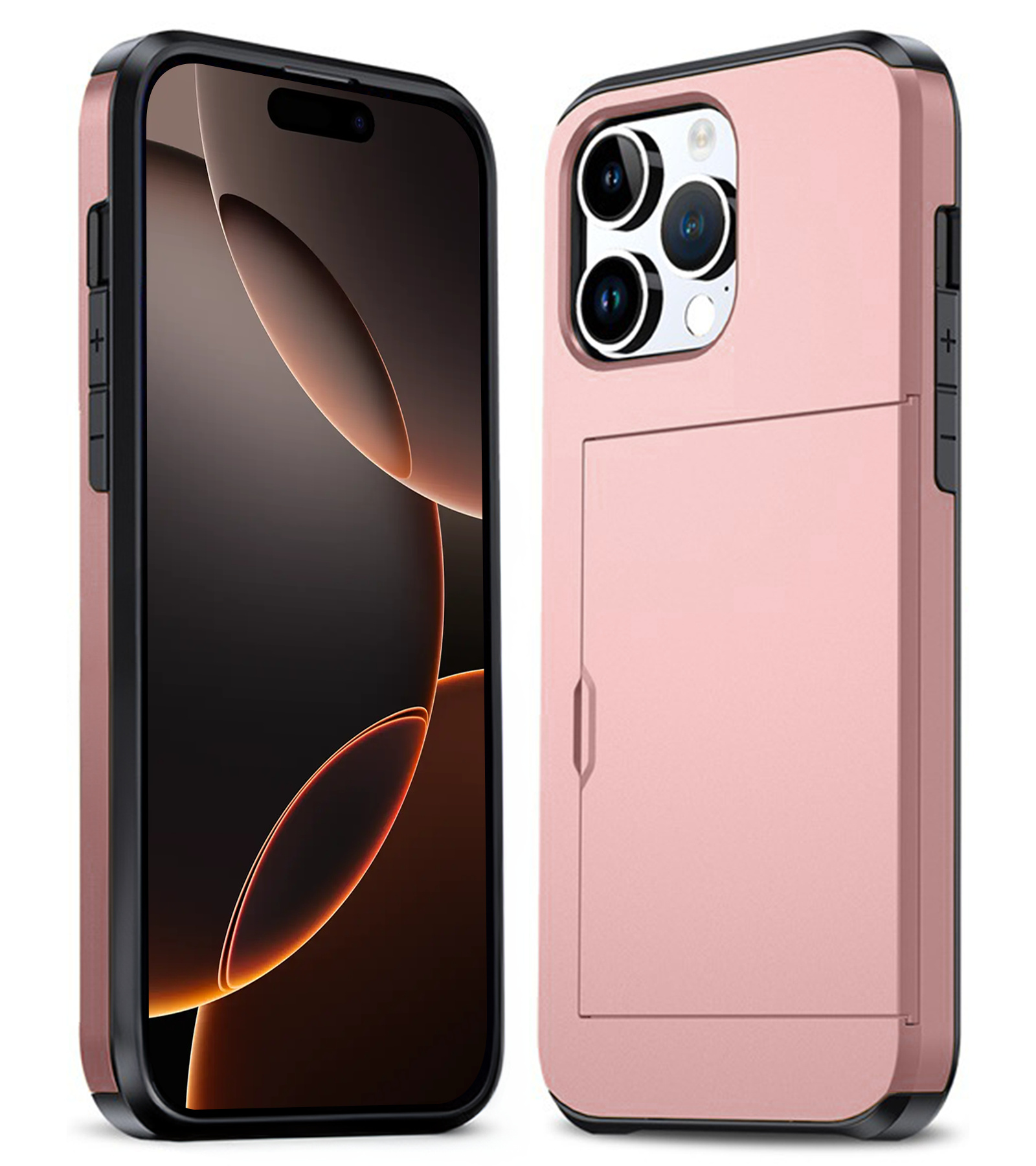 Nomfy Hoesje Geschikt voor iPhone 16 Pro Hoesje Pasjeshouder Shockproof Hard Case - Hoesje Geschikt voor iPhone 16 Pro Hoes Met Kaarthouder - Rosé goud
