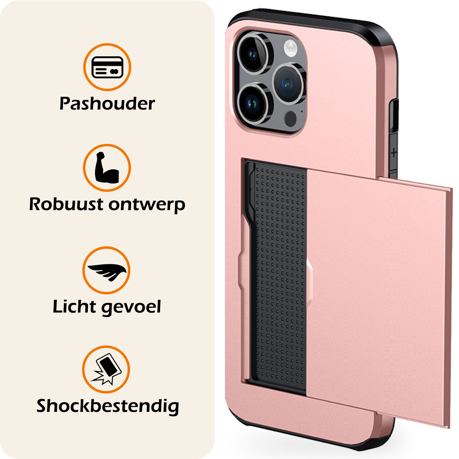 Nomfy Hoesje Geschikt voor iPhone 16 Pro Hoesje Pasjeshouder Shockproof Hard Case - Hoesje Geschikt voor iPhone 16 Pro Hoes Met Kaarthouder - Rosé goud