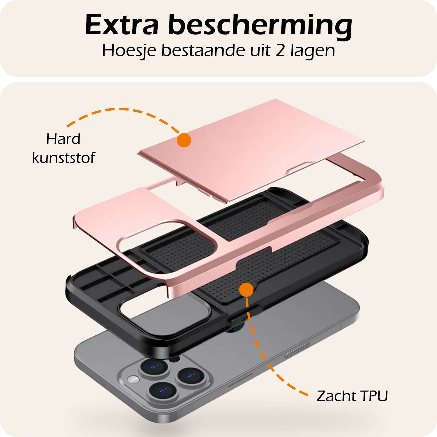 Nomfy Hoesje Geschikt voor iPhone 16 Pro Hoesje Pasjeshouder Shockproof Hard Case - Hoesje Geschikt voor iPhone 16 Pro Hoes Met Kaarthouder - Rosé goud