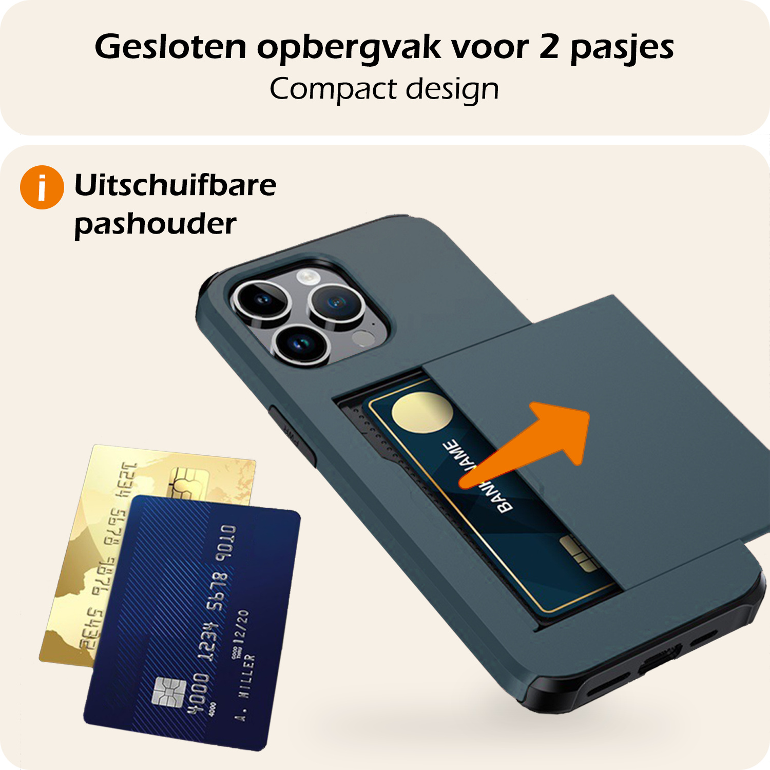 Nomfy Hoesje Geschikt voor iPhone 16 Pro Max Hoesje Pasjeshouder Shockproof Hard Case - Hoesje Geschikt voor iPhone 16 Pro Max Hoes Met Kaarthouder - Donkerblauw