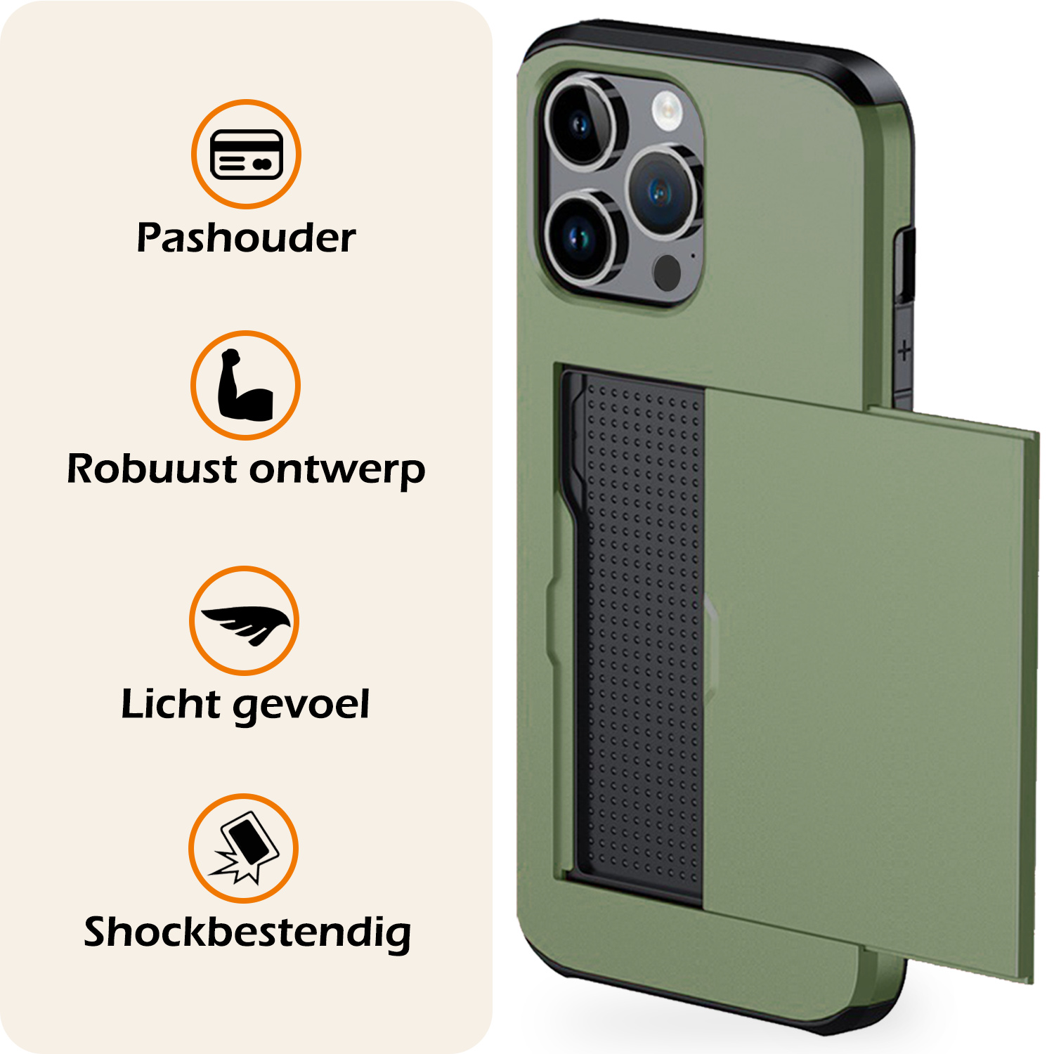 Nomfy Hoesje Geschikt voor iPhone 16 Pro Max Hoesje Pasjeshouder Shockproof Hard Case - Hoesje Geschikt voor iPhone 16 Pro Max Hoes Met Kaarthouder - Donkergroen