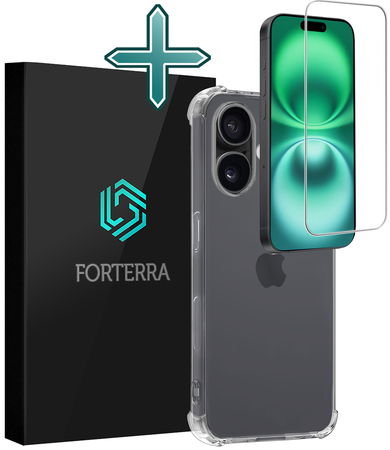Forterra Hoesje Geschikt voor iPhone 16 Plus Case Shockproof Siliconen Hoes Met Screenprotector - Hoes Geschikt voor iPhone 16 Plus Hoesje Shock Proof Back Cover - Transparant