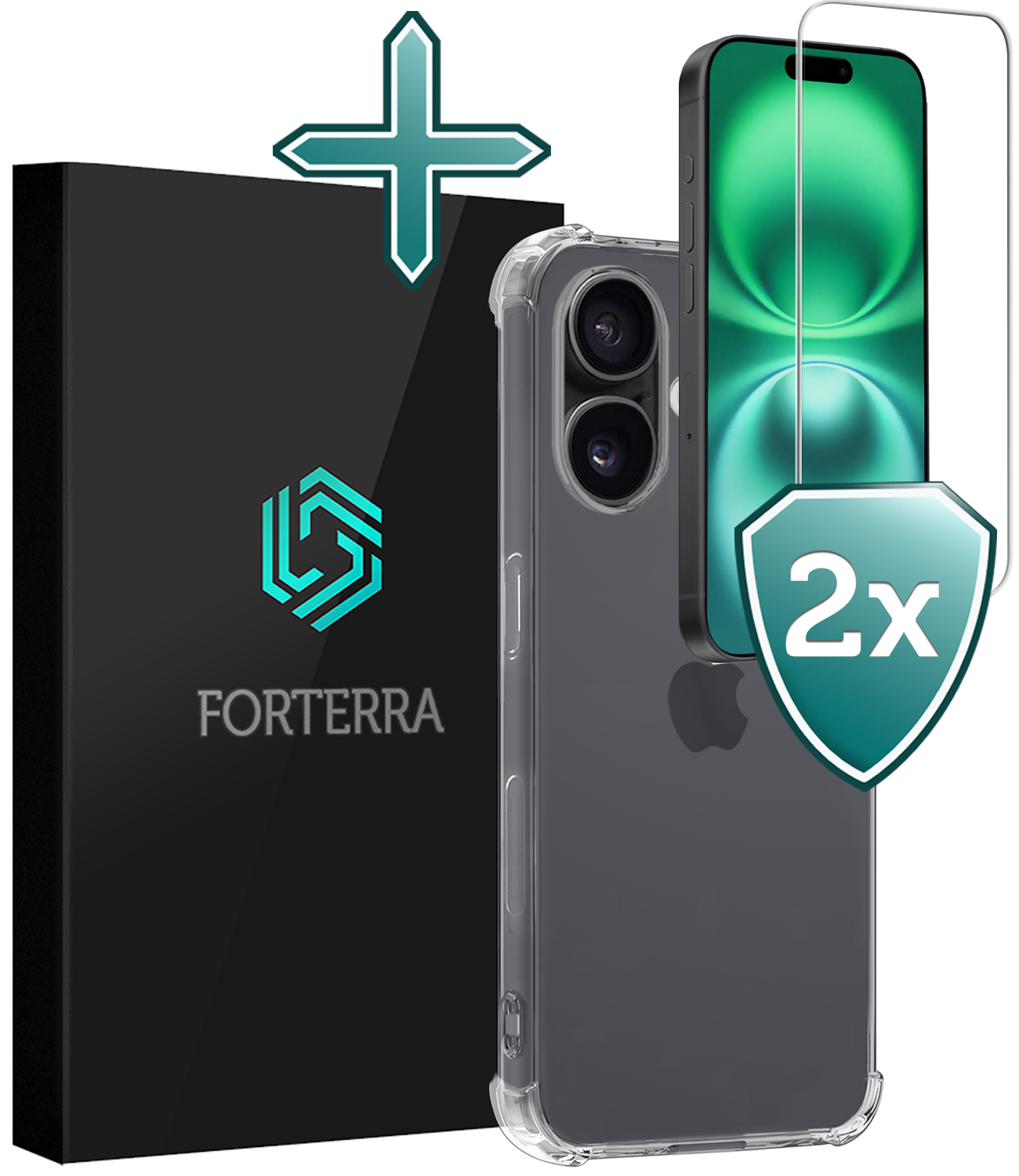 Forterra Hoesje Geschikt voor iPhone 16 Plus Case Shockproof Siliconen Hoes Met 2x Screenprotector - Hoes Geschikt voor iPhone 16 Plus Hoesje Shock Proof Back Cover - Transparant