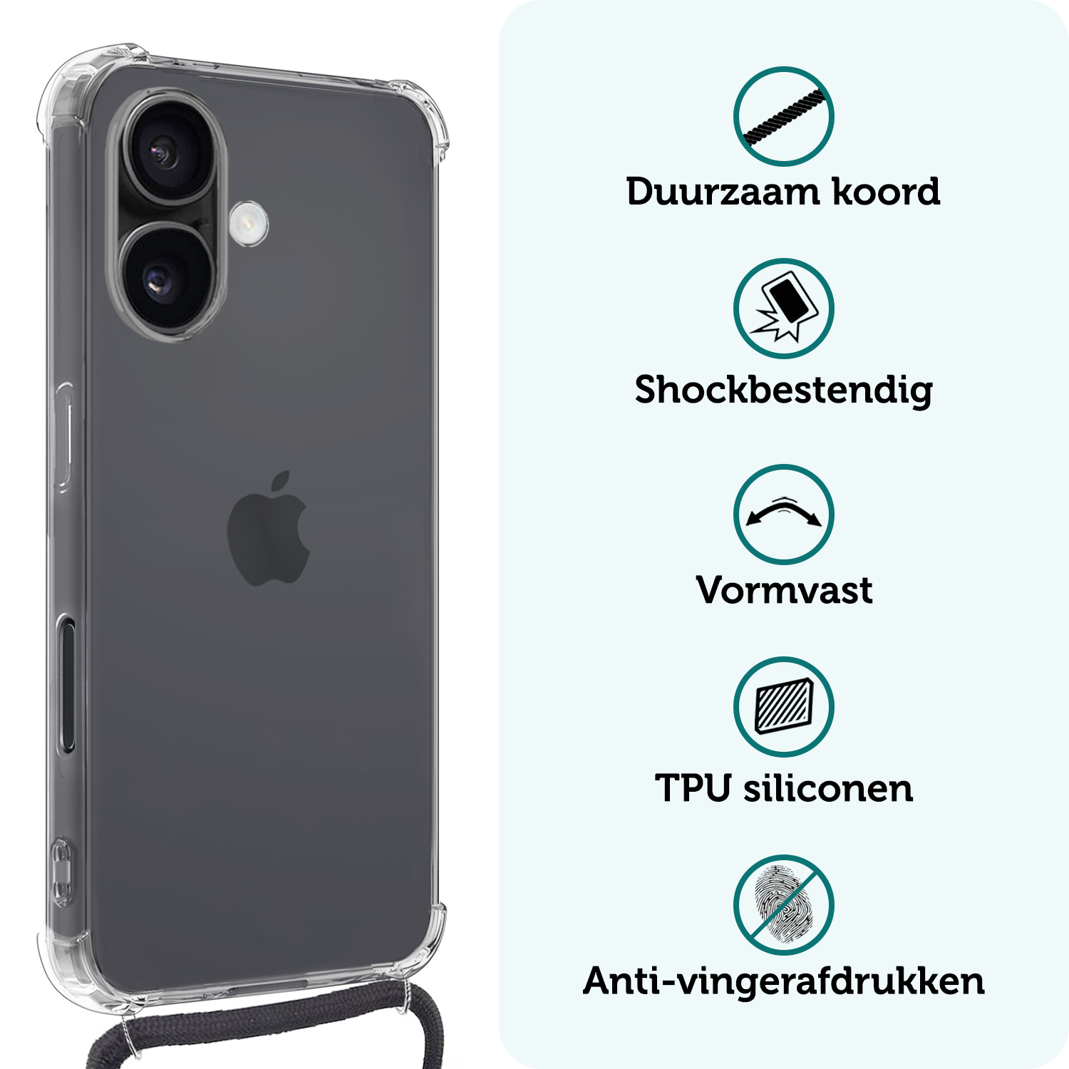 Forterra Hoesje Geschikt voor iPhone 16 Plus Case Siliconen Hoes Met Koord - Hoes Geschikt voor iPhone 16 Plus Met Telefoonkoord Hoesje Back Cover - Transparant