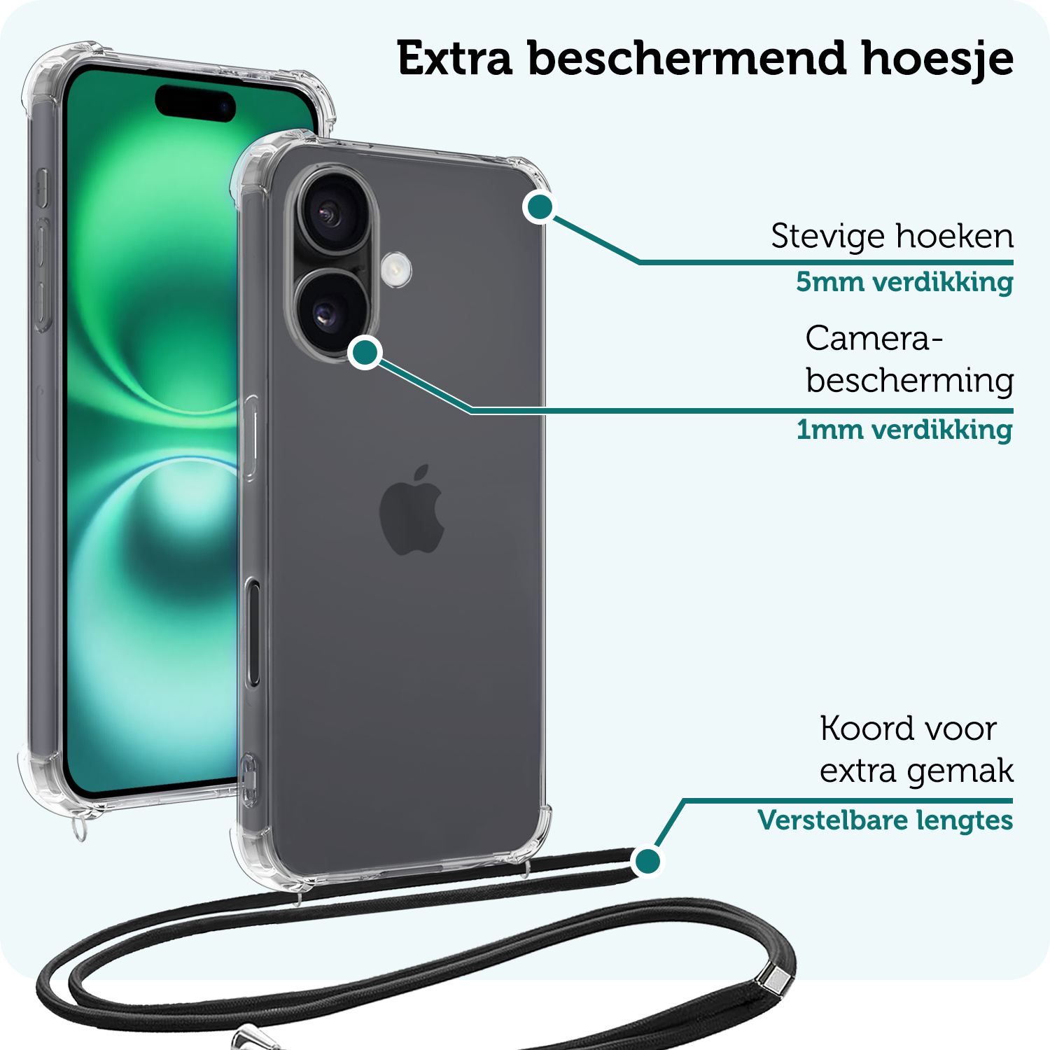 Forterra Hoesje Geschikt voor iPhone 16 Plus Case Siliconen Hoes Met Koord - Hoes Geschikt voor iPhone 16 Plus Met Telefoonkoord Hoesje Back Cover - Transparant