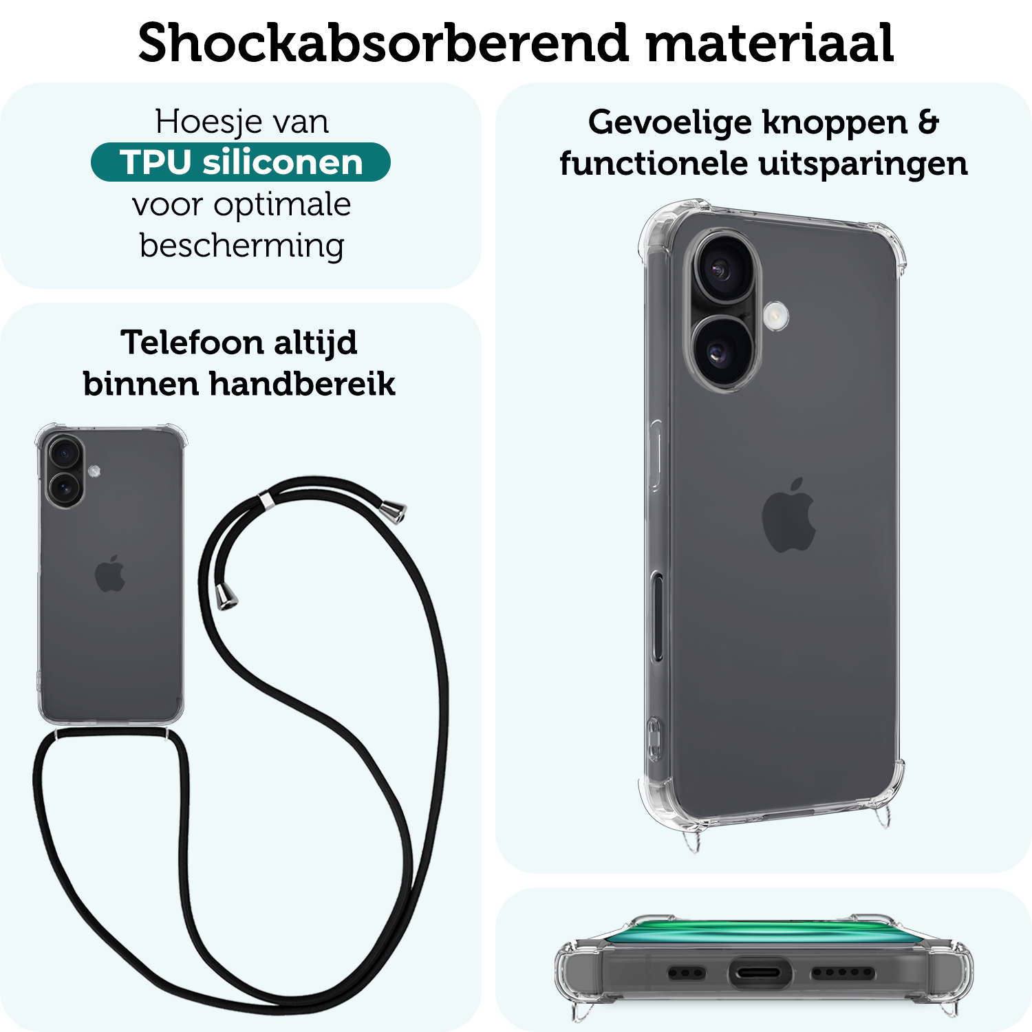 Forterra Hoesje Geschikt voor iPhone 16 Plus Case Siliconen Hoes Met Koord - Hoes Geschikt voor iPhone 16 Plus Met Telefoonkoord Hoesje Back Cover - Transparant