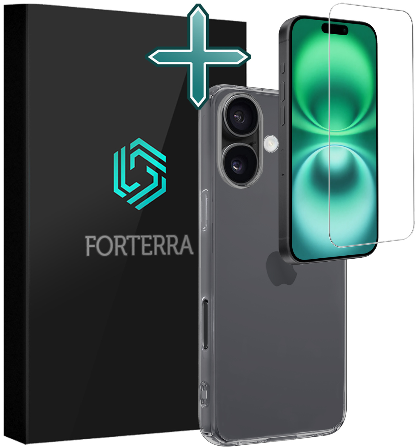 Forterra Hoesje Geschikt voor iPhone 16 Case Siliconen Hoes Met Screenprotector - Hoes Geschikt voor iPhone 16 Hoesje Back Cover - Transparant