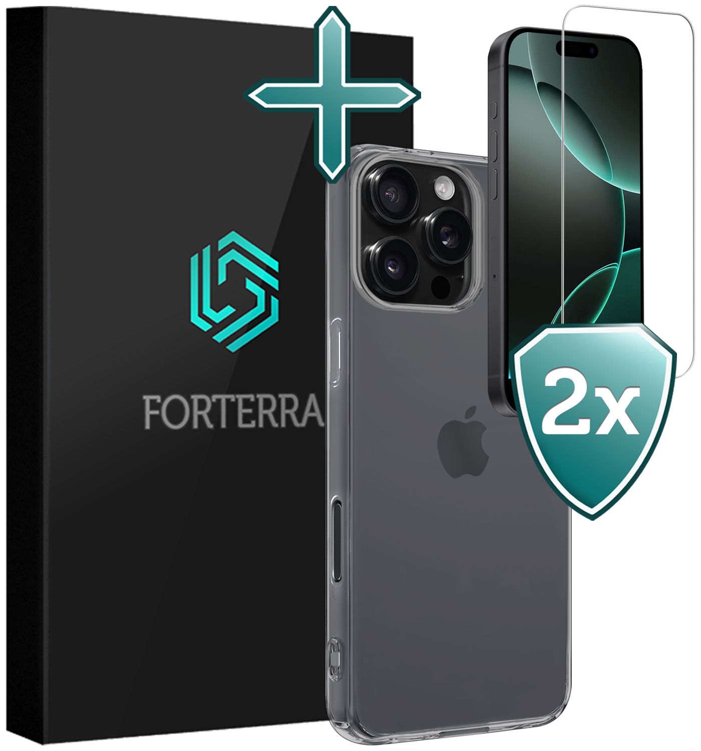 Forterra Hoesje Geschikt voor iPhone 16 Pro Max Case Siliconen Hoes Met 2x Screenprotector - Hoes Geschikt voor iPhone 16 Pro Max Hoesje Back Cover - Transparant