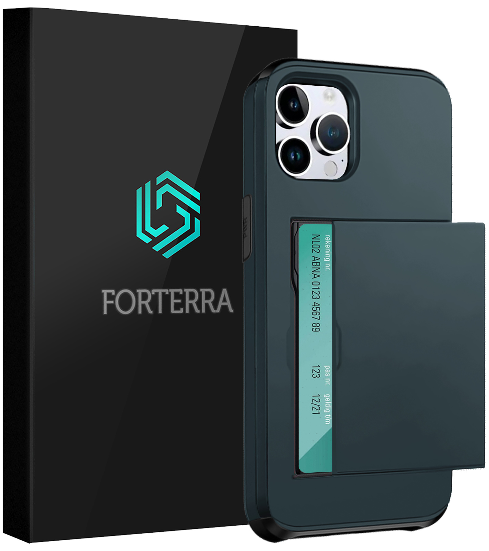 Forterra Hoesje Geschikt voor iPhone 16 Pro Pashouder Hard Case Hoes - Hoes Geschikt voor iPhone 16 Pro Hoesje Back Cover Met Pasjeshouder - Donkerblauw