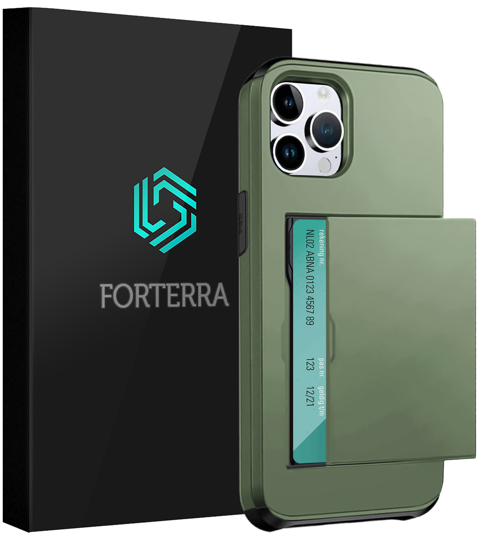 Forterra Hoesje Geschikt voor iPhone 16 Pro Pashouder Hard Case Hoes - Hoes Geschikt voor iPhone 16 Pro Hoesje Back Cover Met Pasjeshouder - Donkergroen