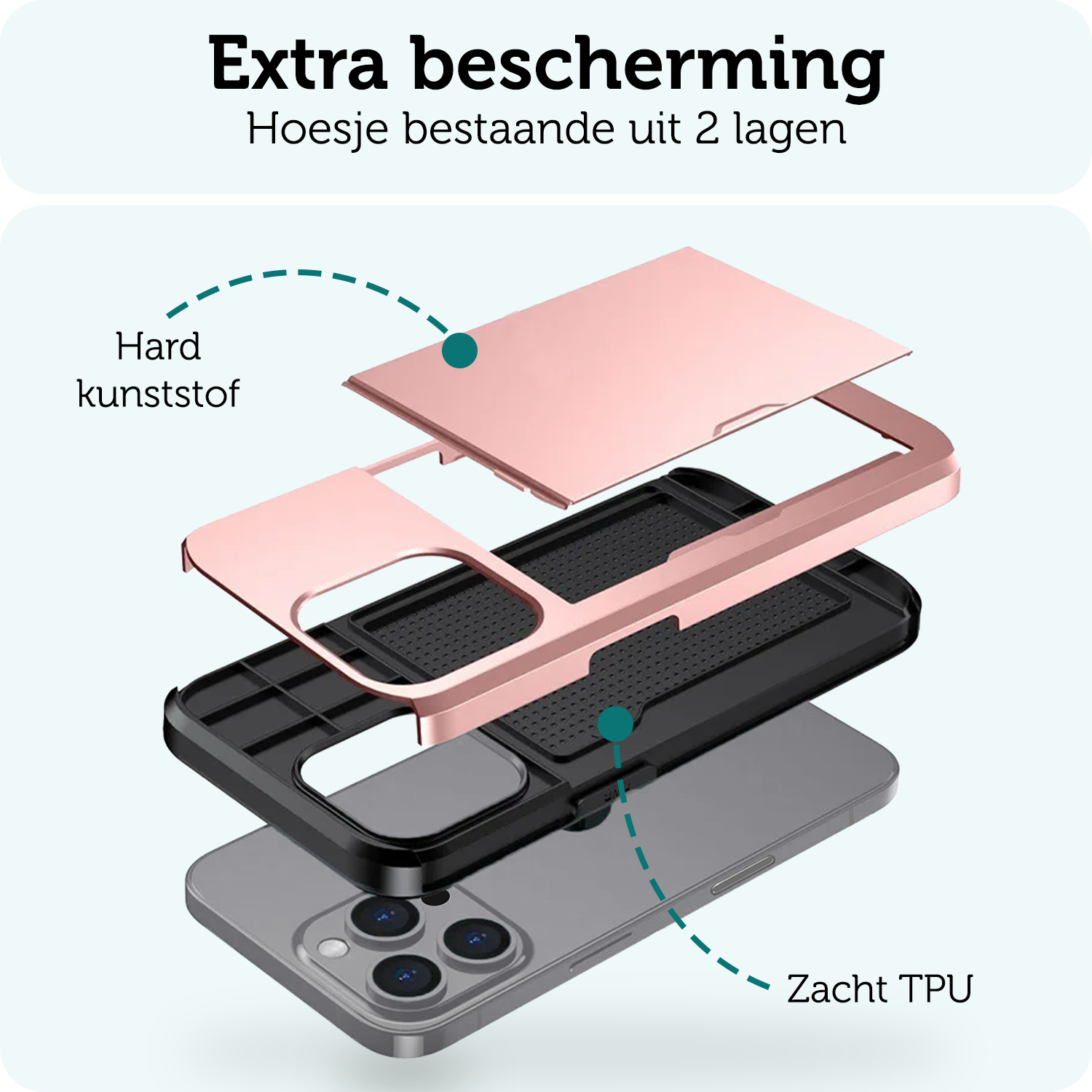 Forterra Hoesje Geschikt voor iPhone 16 Pro Pashouder Hard Case Hoes - Hoes Geschikt voor iPhone 16 Pro Hoesje Back Cover Met Pasjeshouder - Rosé goud