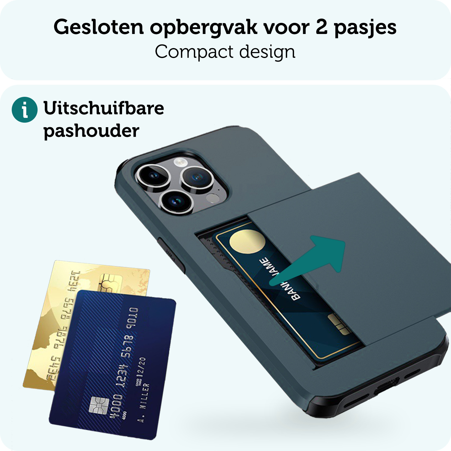 Forterra Hoesje Geschikt voor iPhone 16 Pro Max Pashouder Hard Case Hoes - Hoes Geschikt voor iPhone 16 Pro Max Hoesje Back Cover Met Pasjeshouder - Donkerblauw