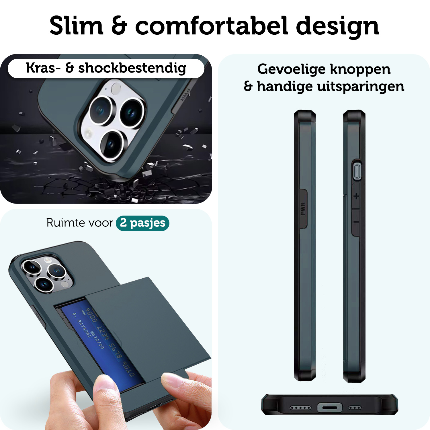 Forterra Hoesje Geschikt voor iPhone 16 Pro Max Pashouder Hard Case Hoes - Hoes Geschikt voor iPhone 16 Pro Max Hoesje Back Cover Met Pasjeshouder - Donkerblauw