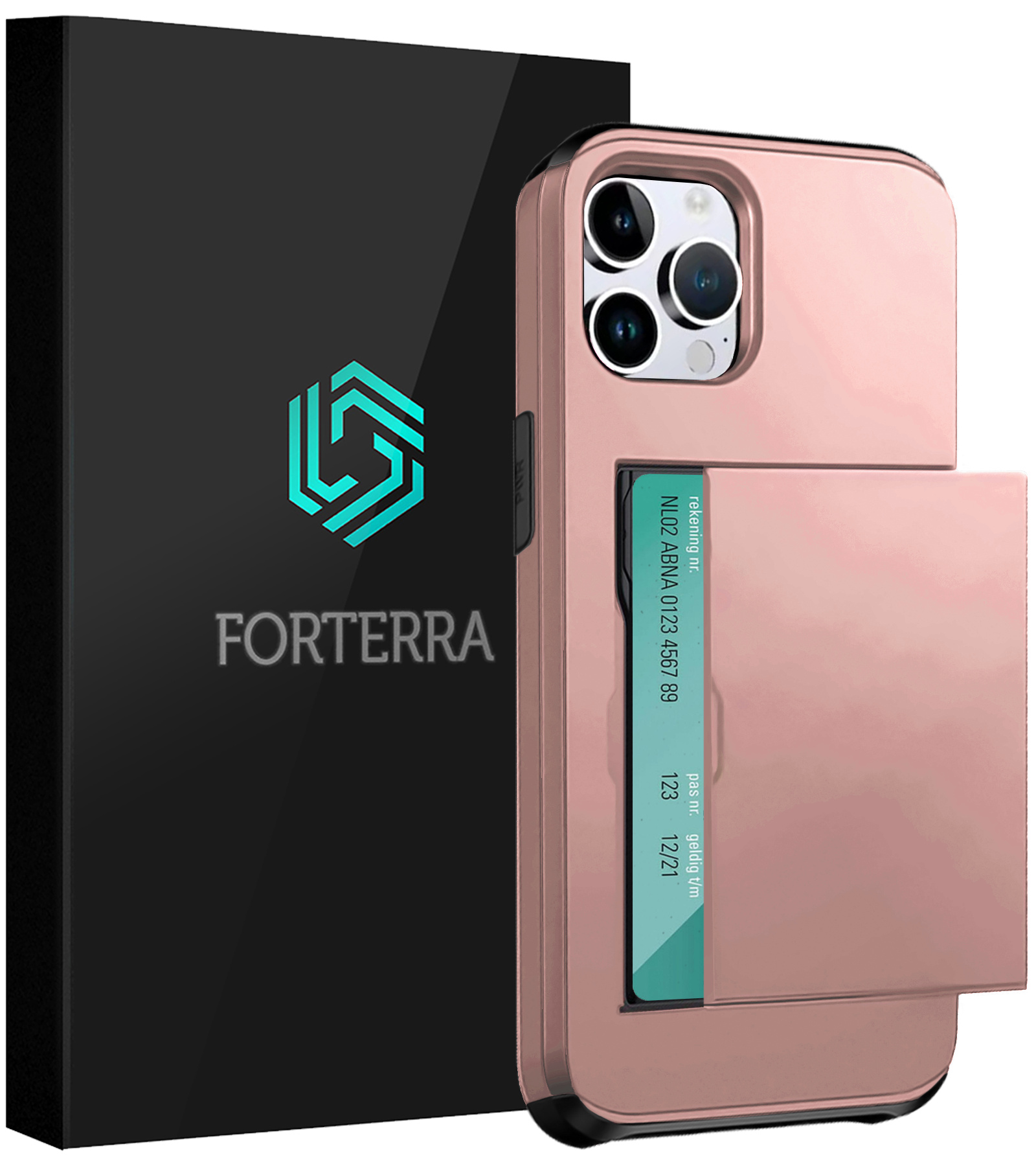 Forterra Hoesje Geschikt voor iPhone 16 Pro Max Pashouder Hard Case Hoes - Hoes Geschikt voor iPhone 16 Pro Max Hoesje Back Cover Met Pasjeshouder - Rosé goud