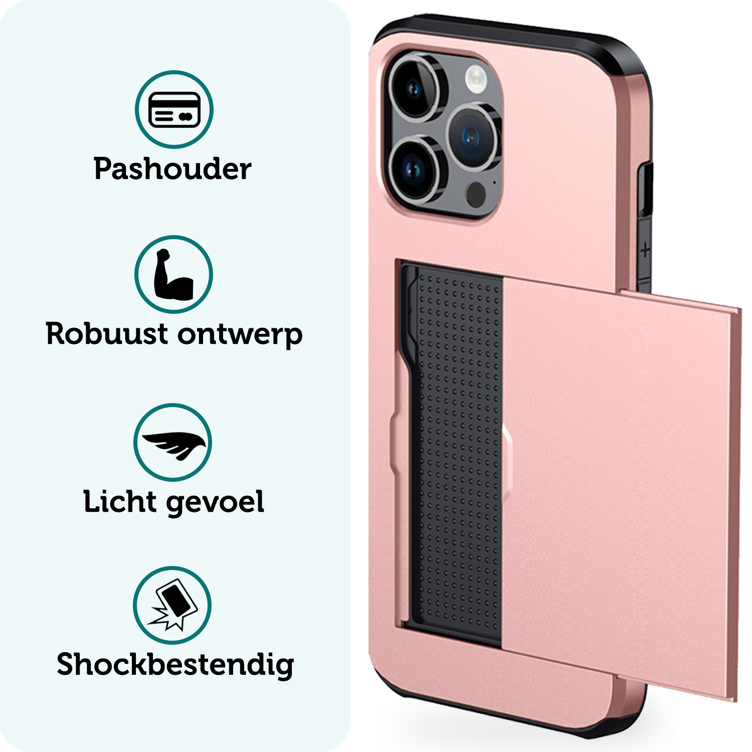 Forterra Hoesje Geschikt voor iPhone 16 Pro Max Pashouder Hard Case Hoes - Hoes Geschikt voor iPhone 16 Pro Max Hoesje Back Cover Met Pasjeshouder - Rosé goud