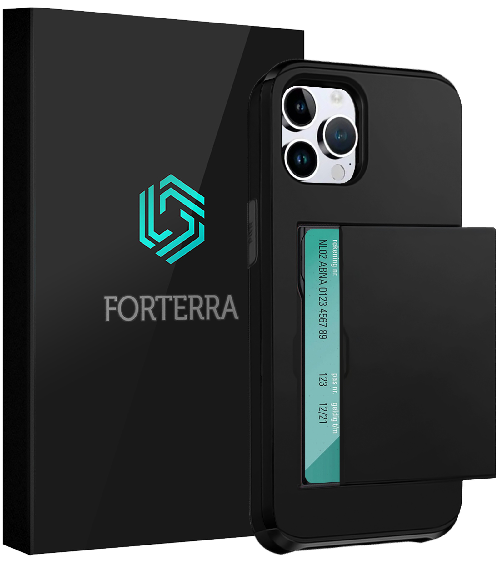 Forterra Hoesje Geschikt voor iPhone 16 Pro Max Pashouder Hard Case Hoes - Hoes Geschikt voor iPhone 16 Pro Max Hoesje Back Cover Met Pasjeshouder - Zwart