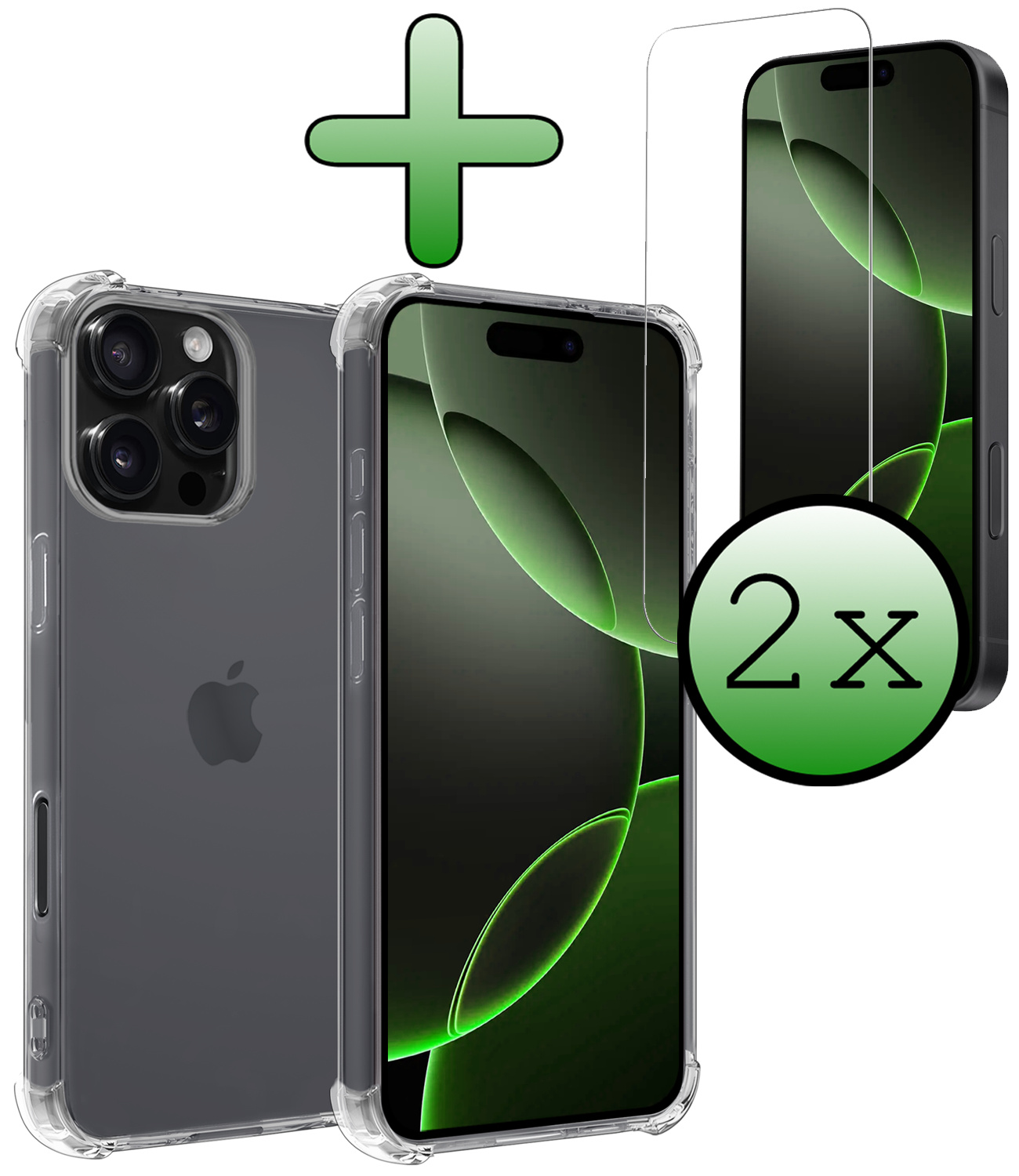 BASEY. Hoes Geschikt voor iPhone 16 Pro Hoesje Shock Proof Case Hoes Siliconen Met 2x Screenprotector - Hoesje Geschikt voor iPhone 16 Pro Hoes Cover Shockproof - Transparant