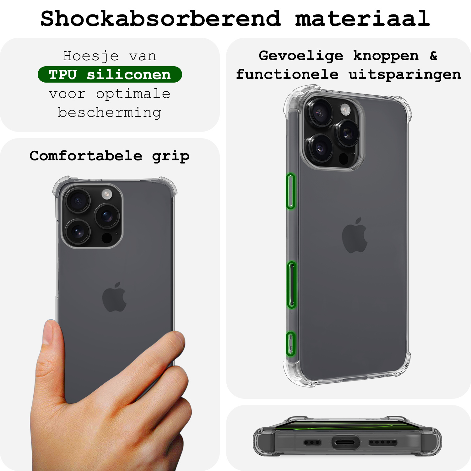 BASEY. Hoes Geschikt voor iPhone 16 Pro Max Hoesje Shock Proof Case Hoes Siliconen Met Screenprotector - Hoesje Geschikt voor iPhone 16 Pro Max Hoes Cover Shockproof - Transparant