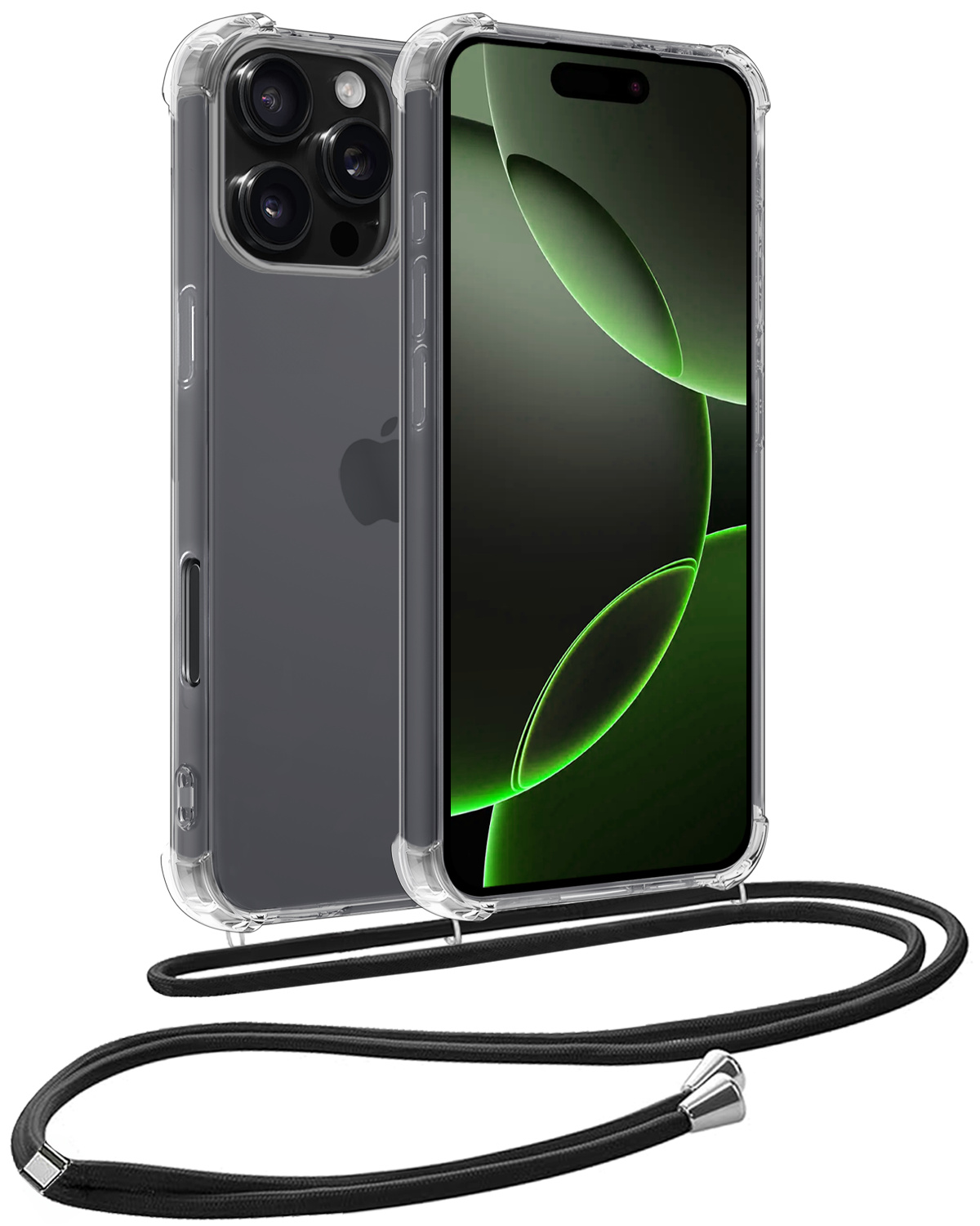 BASEY. Hoes Geschikt voor iPhone 16 Pro Hoesje Shock Proof Case Met Koord Shock Hoes Met Koord - Hoesje Geschikt voor iPhone 16 Pro Hoes Cover Met Koord - Transparant