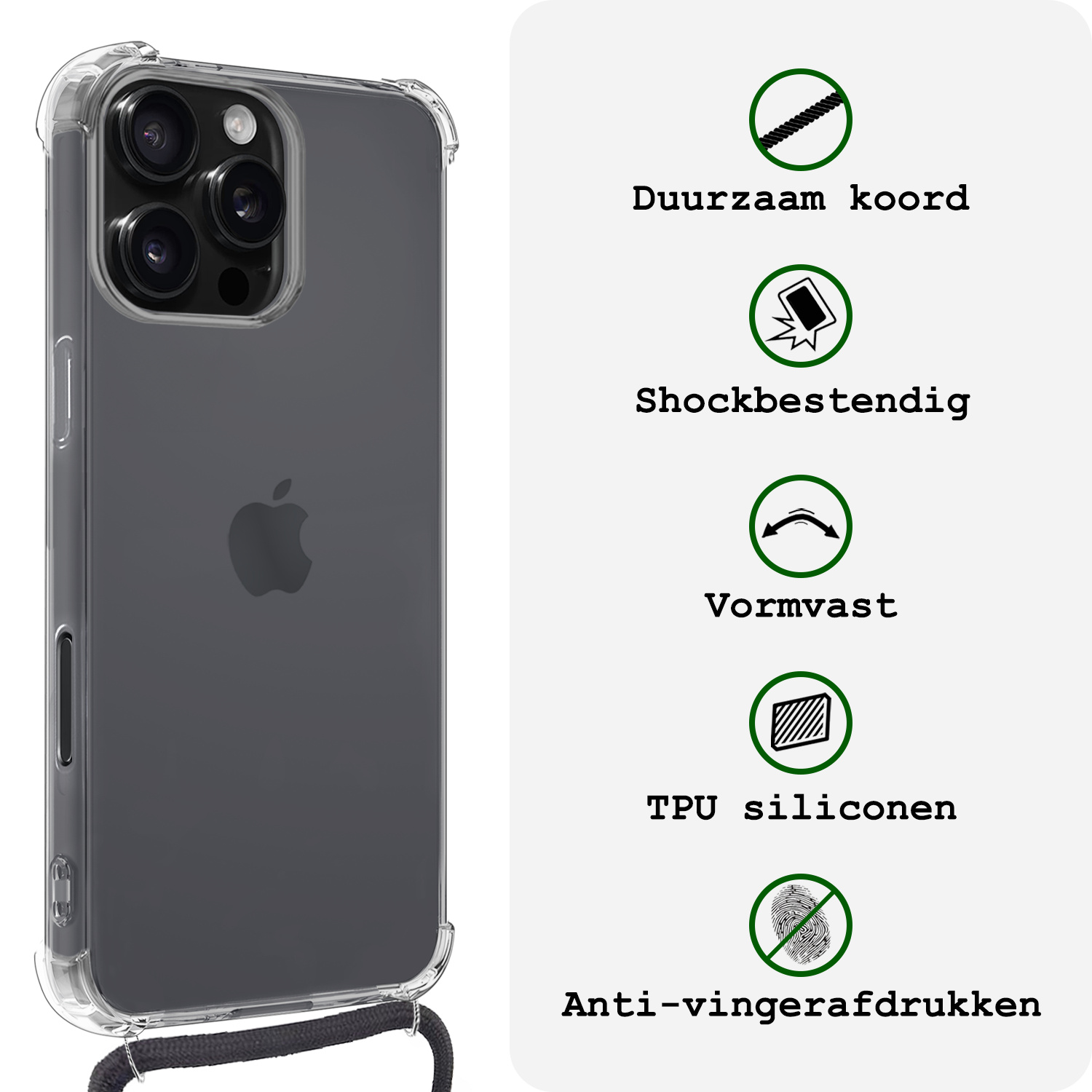 BASEY. Hoes Geschikt voor iPhone 16 Pro Hoesje Shock Proof Case Met Koord Shock Hoes Met Koord - Hoesje Geschikt voor iPhone 16 Pro Hoes Cover Met Koord - Transparant