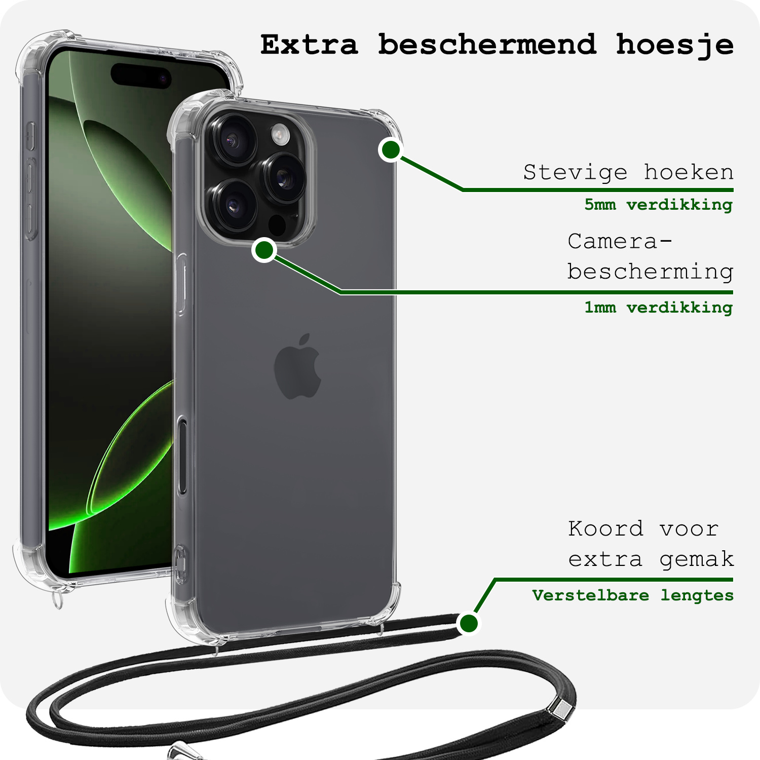 BASEY. Hoes Geschikt voor iPhone 16 Pro Hoesje Shock Proof Case Met Koord Shock Hoes Met Koord - Hoesje Geschikt voor iPhone 16 Pro Hoes Cover Met Koord - Transparant
