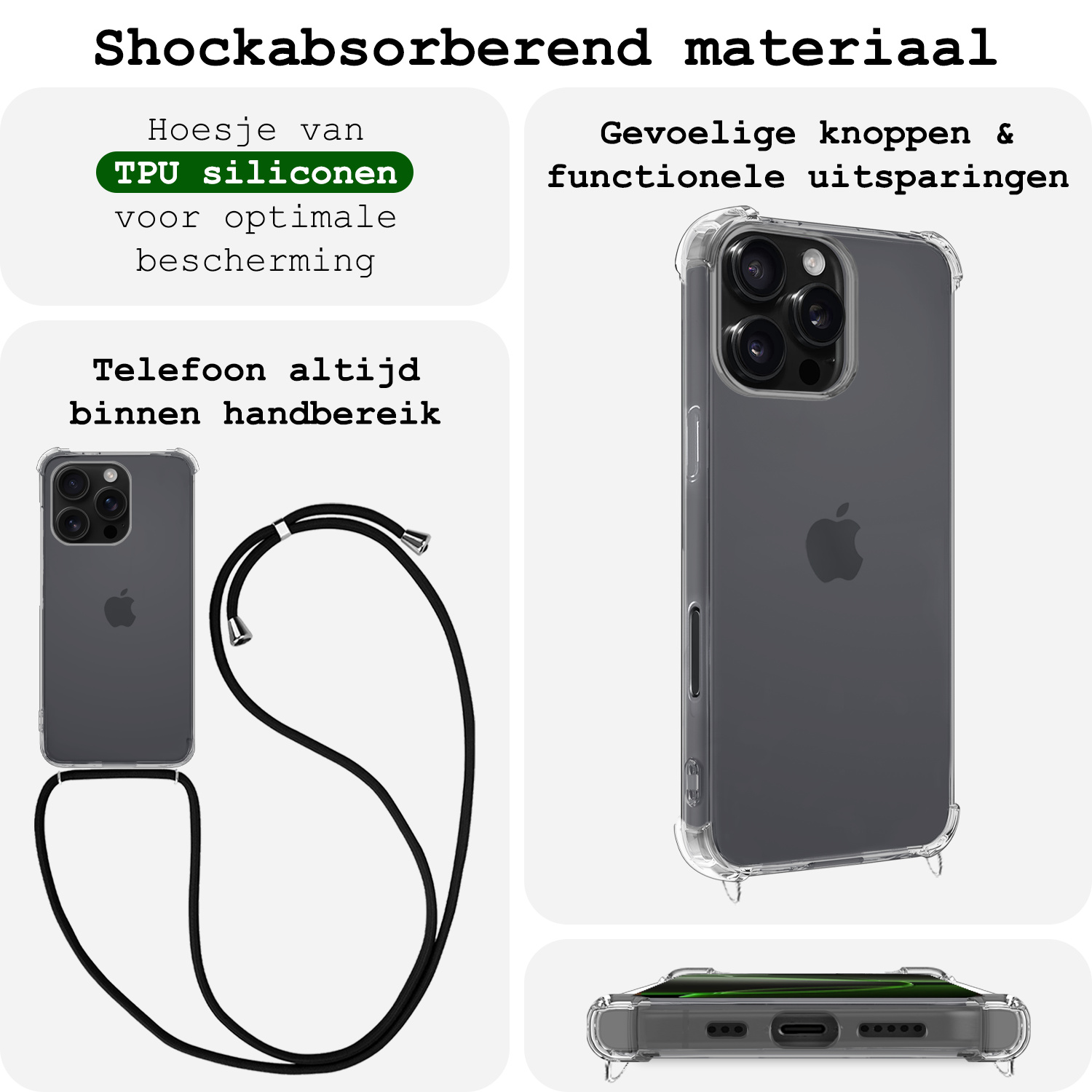 BASEY. Hoes Geschikt voor iPhone 16 Pro Hoesje Shock Proof Case Met Koord Shock Hoes Met Koord - Hoesje Geschikt voor iPhone 16 Pro Hoes Cover Met Koord - Transparant