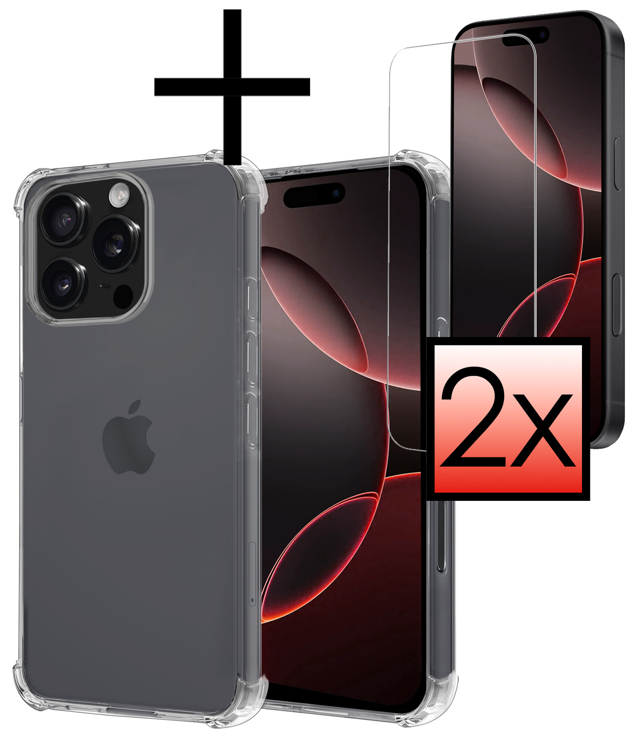NoXx Hoes Geschikt voor iPhone 16 Pro Hoesje Siliconen Cover Shock Proof Back Case Shockproof Hoes Met 2x Screenprotector - Transparant