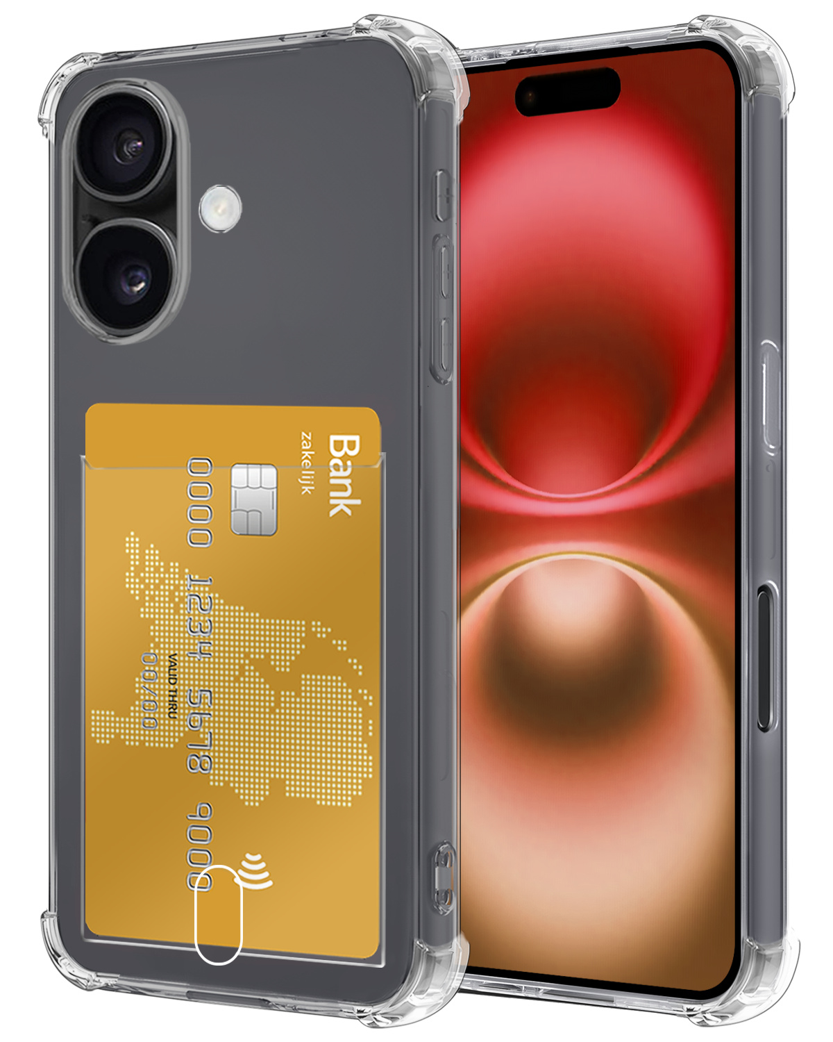 NoXx Hoes Geschikt voor iPhone 16 Hoesje Pasjeshouder Cover Shock Proof Case Siliconen Hoes Met Kaarthouder - Transparant