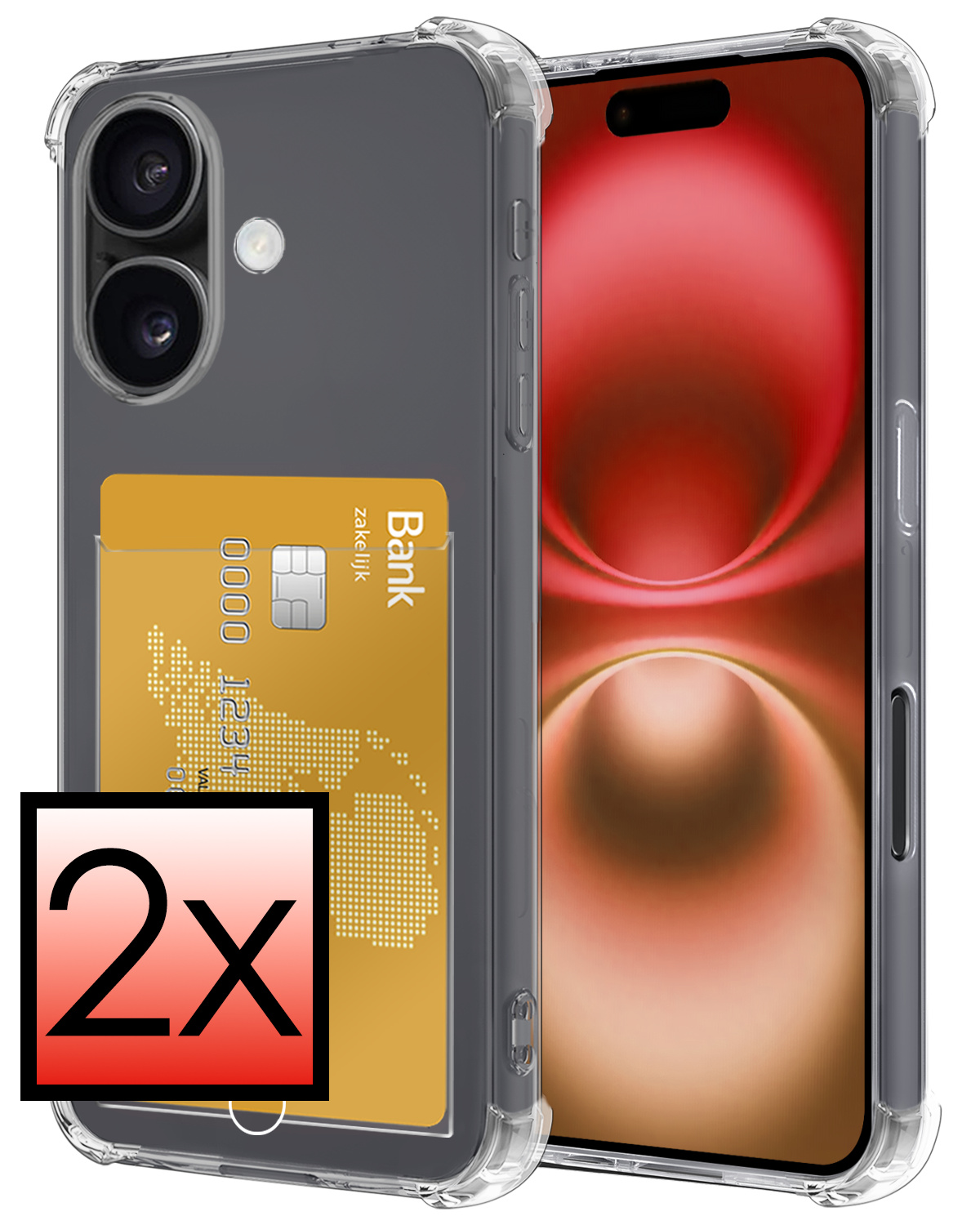 NoXx Hoes Geschikt voor iPhone 16 Hoesje Pasjeshouder Cover Shock Proof Case Siliconen Hoes Met Kaarthouder - Transparant - 2x