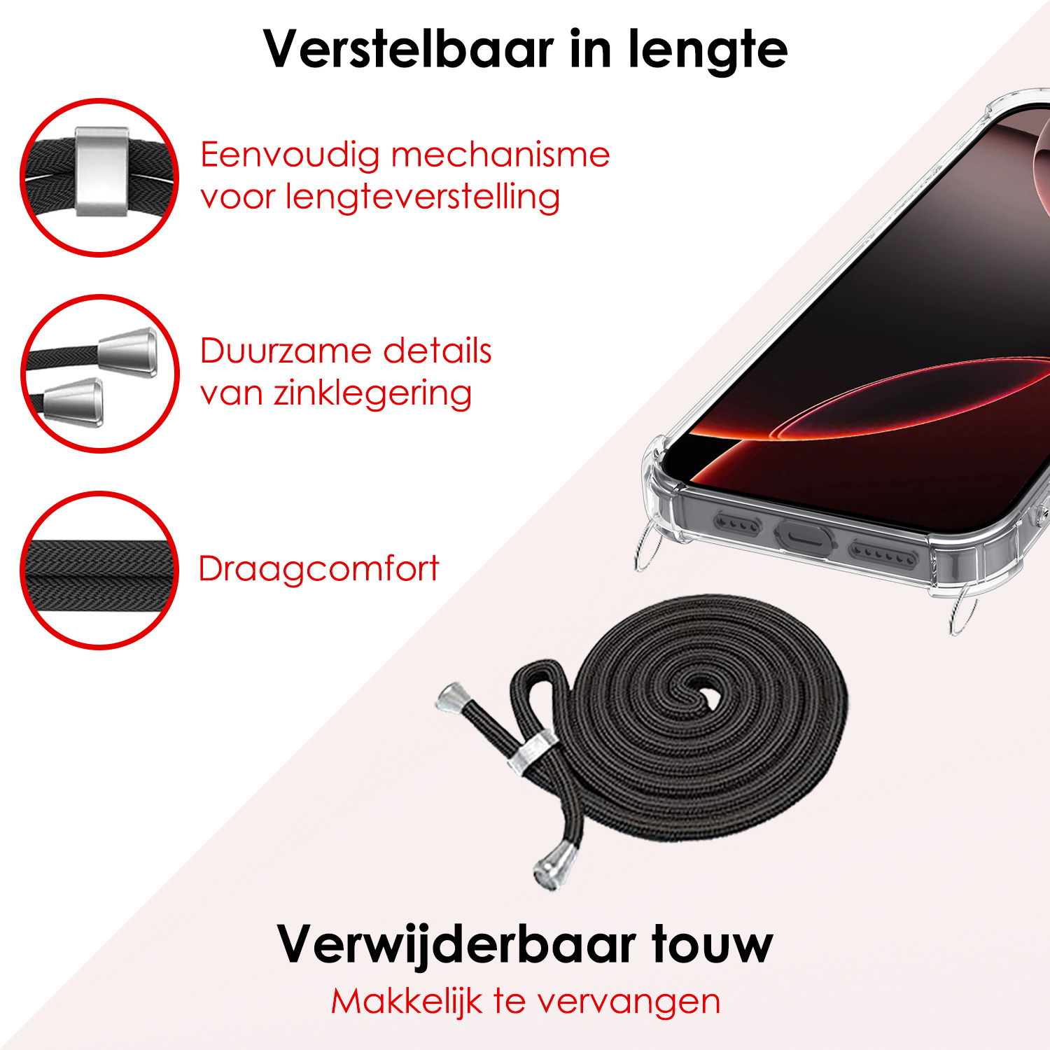 NoXx Hoes Geschikt voor iPhone 16 Pro Hoesje Transparant Met Telefoonkoord Cover Shock Proof Case Koord Hoes