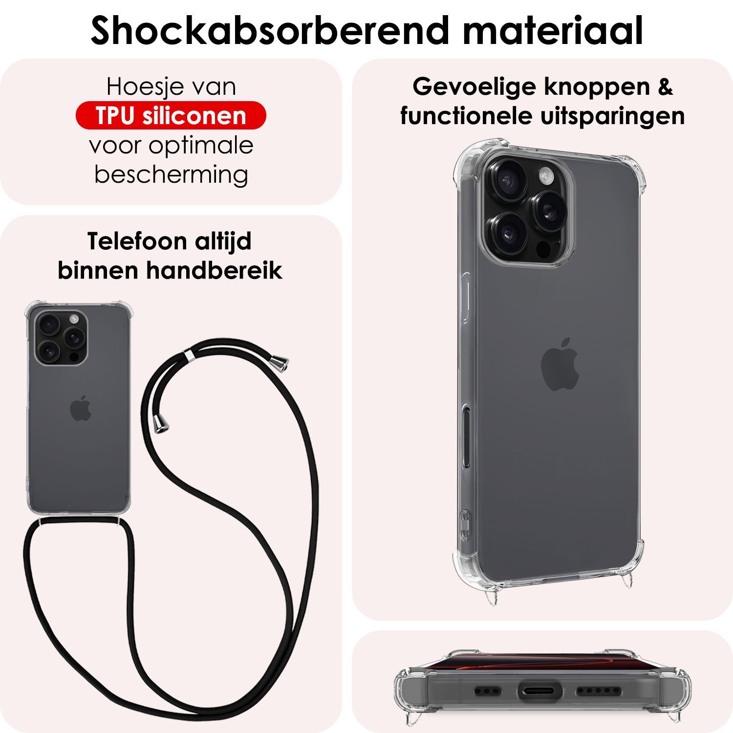 NoXx Hoes Geschikt voor iPhone 16 Pro Hoesje Transparant Met Telefoonkoord Cover Shock Proof Case Koord Hoes