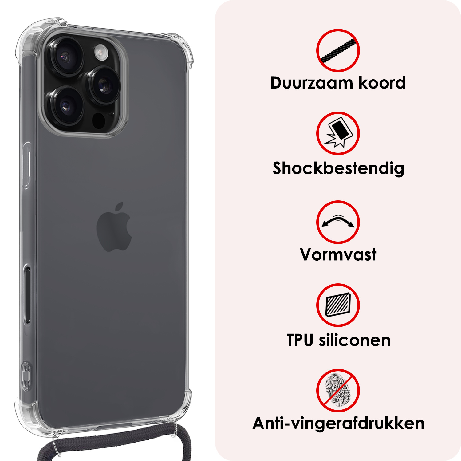 NoXx Hoes Geschikt voor iPhone 16 Pro Max Hoesje Transparant Met Telefoonkoord Cover Shock Proof Case Koord Hoes