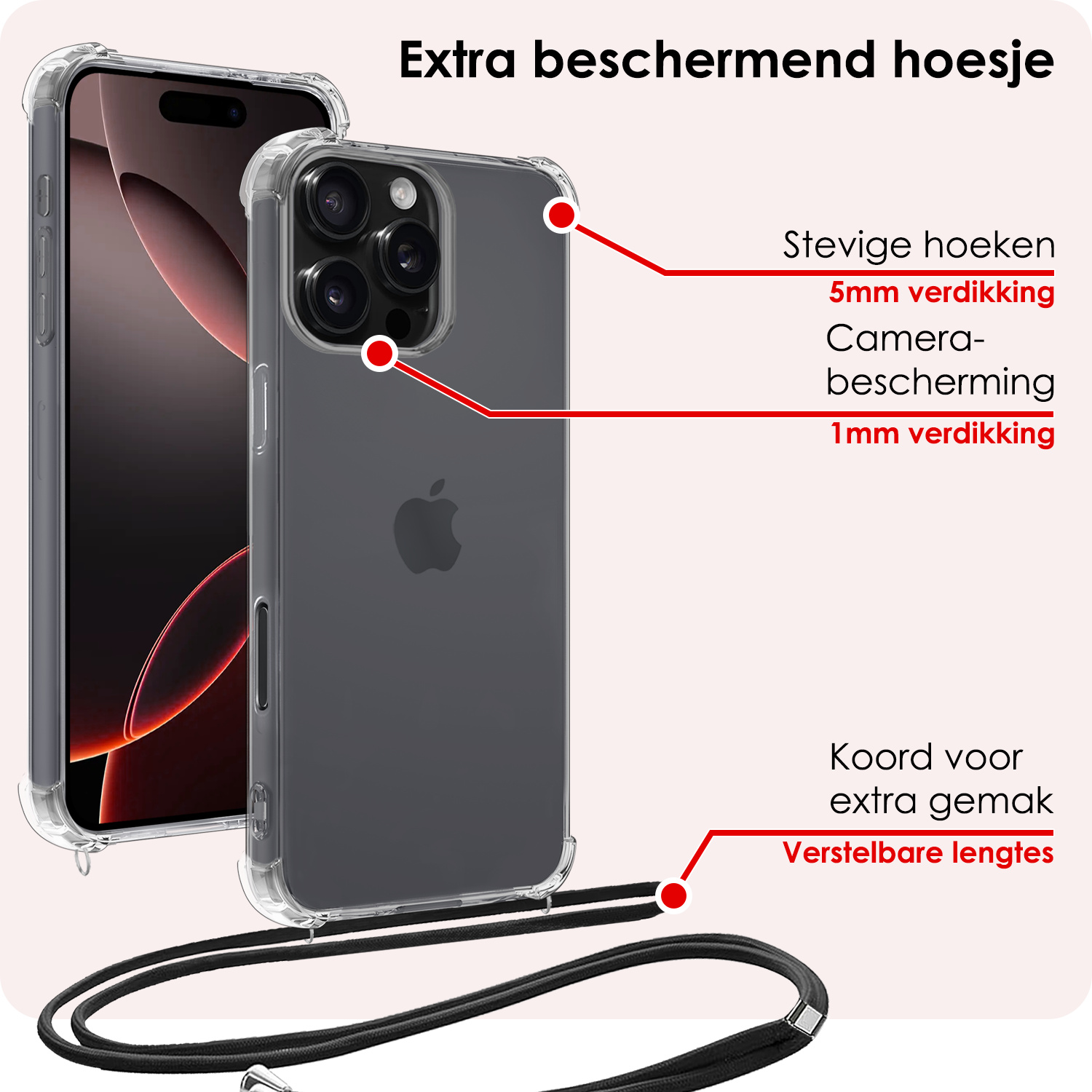 NoXx Hoes Geschikt voor iPhone 16 Pro Max Hoesje Transparant Met Telefoonkoord Cover Shock Proof Case Koord Hoes