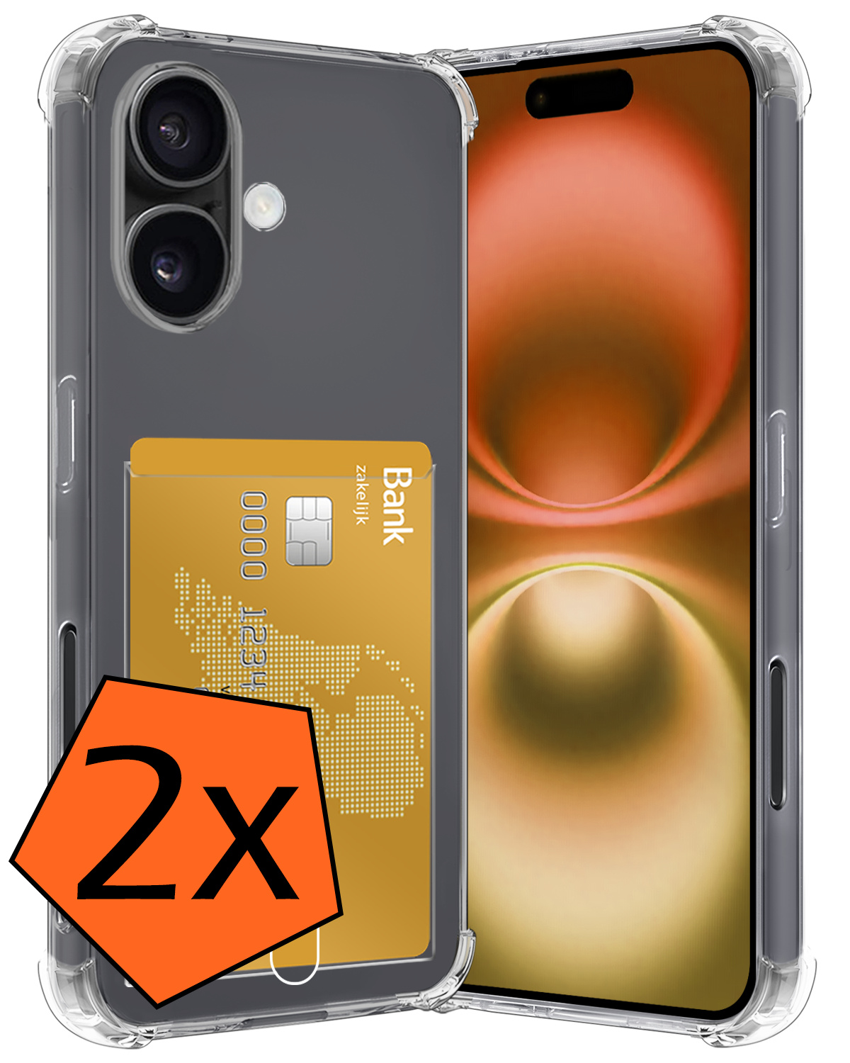 Nomfy Hoesje Geschikt voor iPhone 16 Hoesje Pasjeshouder Shockproof Pas Houder - Hoesje Geschikt voor iPhone 16 Hoes Met Kaarthouder - Transparant - 2 PACK