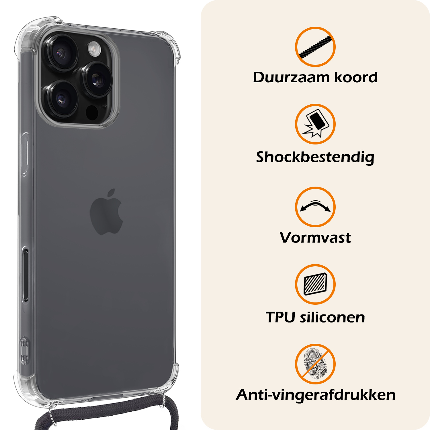 Nomfy Hoesje Geschikt voor iPhone 16 Pro Hoesje Shock Proof Transparant Met Telefoonketting Case Shock Koord - Hoesje Geschikt voor iPhone 16 Pro Shock Proof Case Met Koord - Transparant