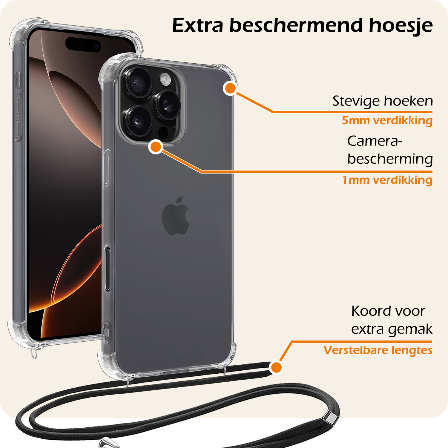 Nomfy Hoesje Geschikt voor iPhone 16 Pro Hoesje Shock Proof Transparant Met Telefoonketting Case Shock Koord - Hoesje Geschikt voor iPhone 16 Pro Shock Proof Case Met Koord - Transparant