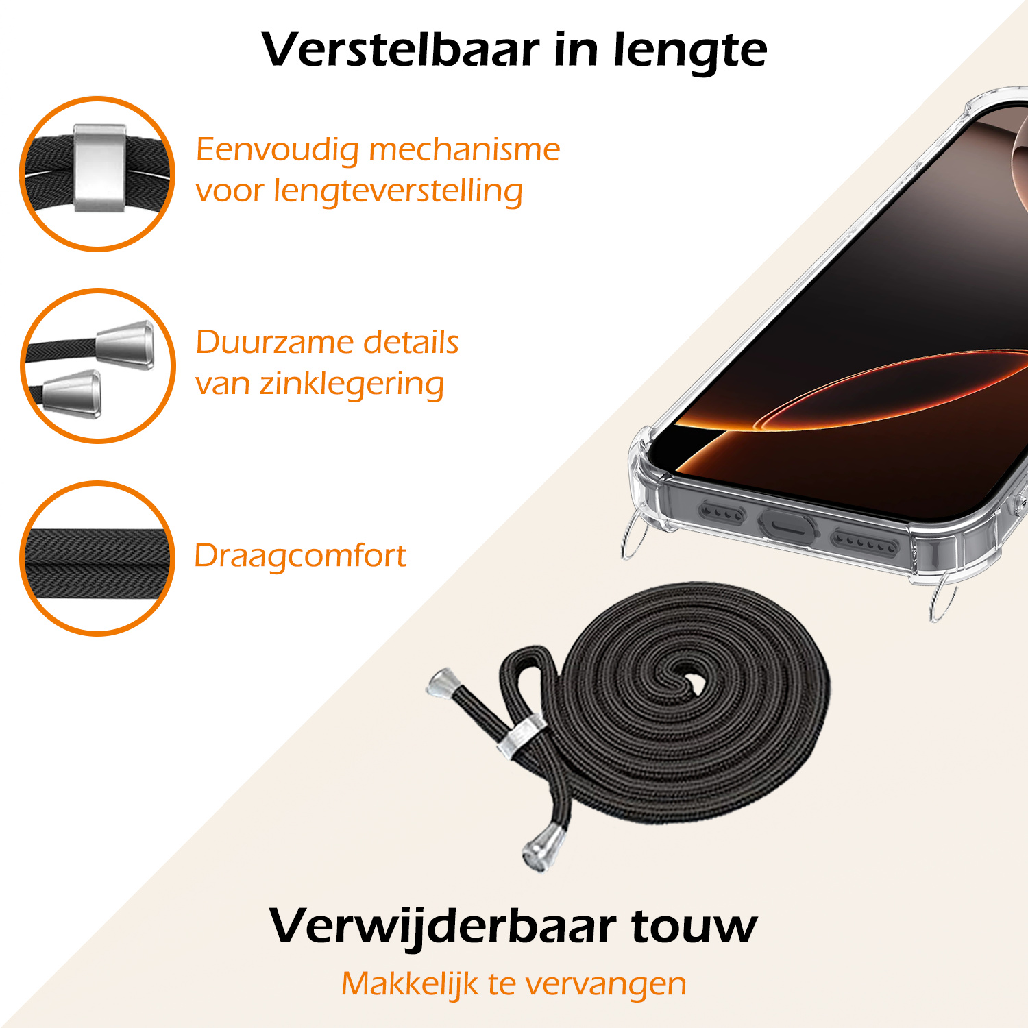 Nomfy Hoesje Geschikt voor iPhone 16 Pro Hoesje Shock Proof Transparant Met Telefoonketting Case Shock Koord - Hoesje Geschikt voor iPhone 16 Pro Shock Proof Case Met Koord - Transparant