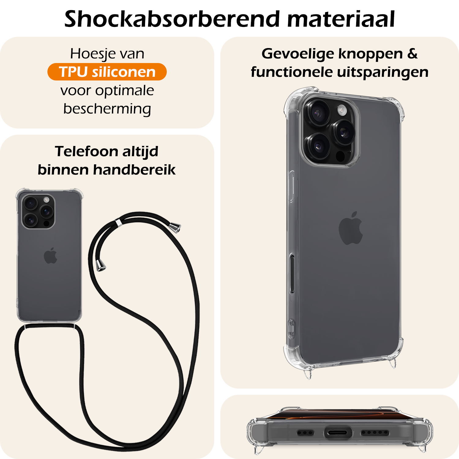 Nomfy Hoesje Geschikt voor iPhone 16 Pro Max Hoesje Shock Proof Transparant Met Telefoonketting Case Shock Koord - Hoesje Geschikt voor iPhone 16 Pro Max Shock Proof Case Met Koord - Transparant