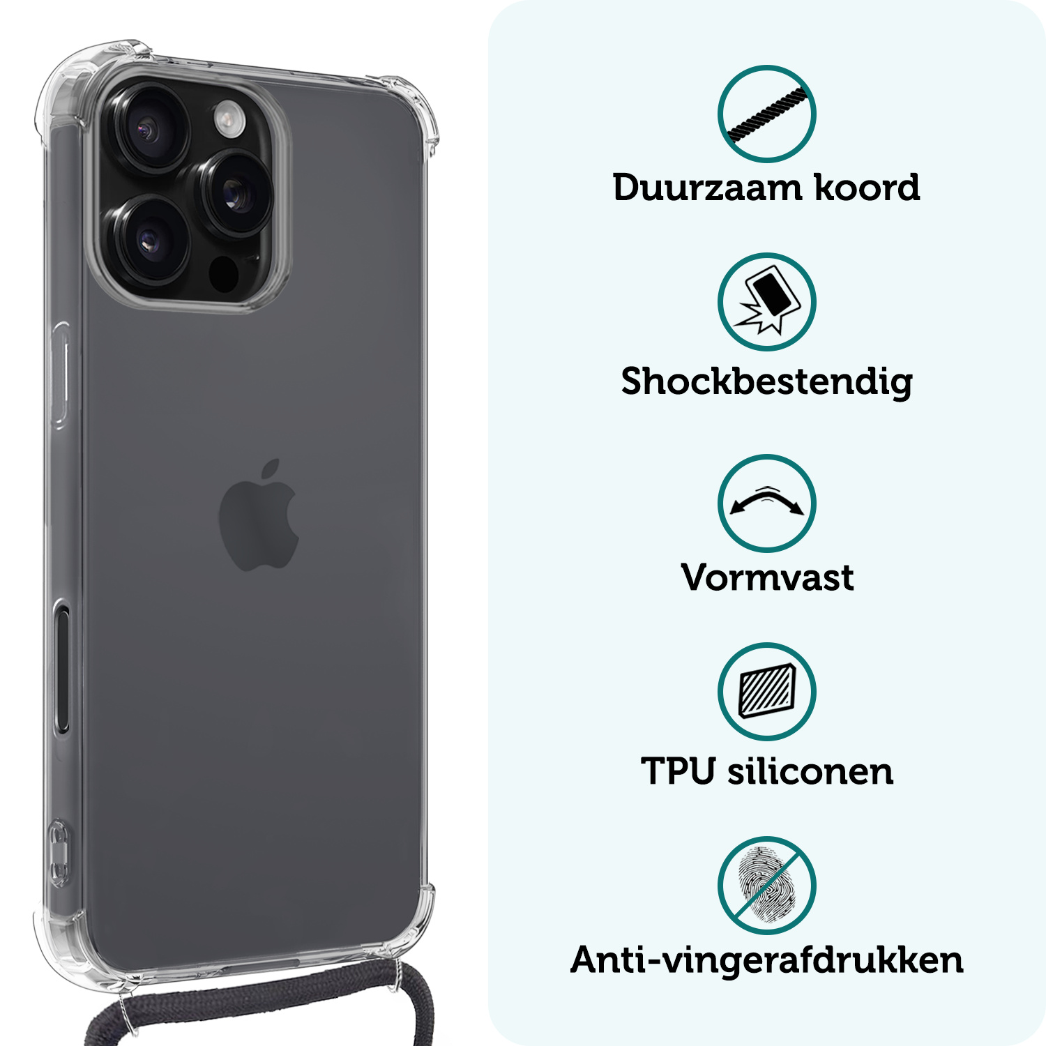 Forterra Hoesje Geschikt voor iPhone 16 Pro Case Siliconen Hoes Met Koord - Hoes Geschikt voor iPhone 16 Pro Met Telefoonkoord Hoesje Back Cover - Transparant