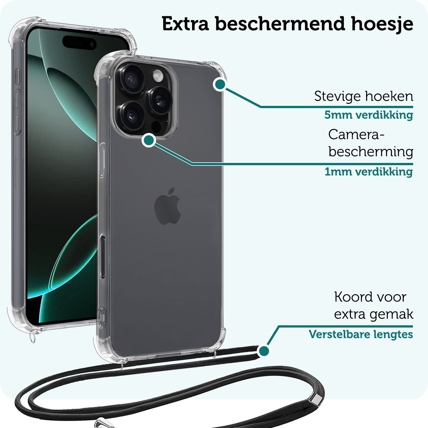 Forterra Hoesje Geschikt voor iPhone 16 Pro Case Siliconen Hoes Met Koord - Hoes Geschikt voor iPhone 16 Pro Met Telefoonkoord Hoesje Back Cover - Transparant