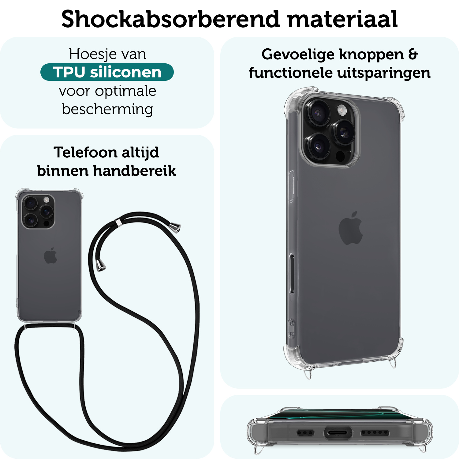 Forterra Hoesje Geschikt voor iPhone 16 Pro Case Siliconen Hoes Met Koord - Hoes Geschikt voor iPhone 16 Pro Met Telefoonkoord Hoesje Back Cover - Transparant