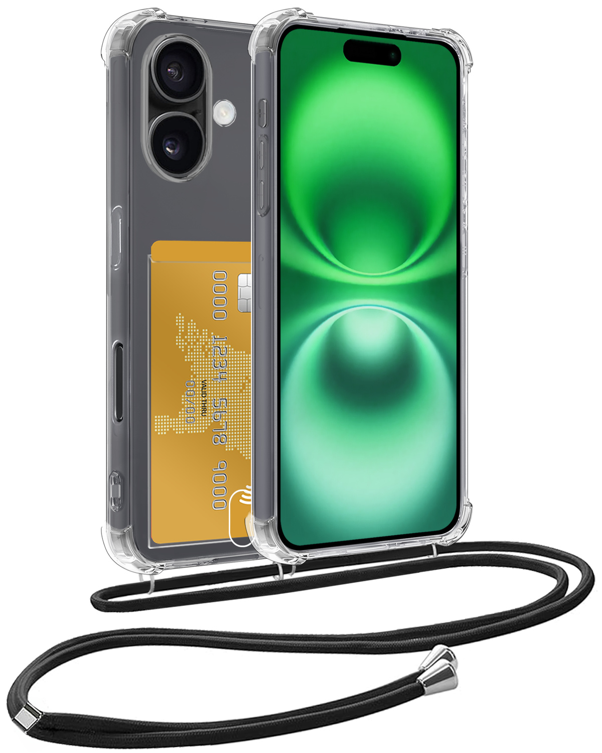 BASEY. Hoes Geschikt voor iPhone 16 Hoesje Pas Houder Shock Proof Case Hoes Met Koord - Hoesje Geschikt voor iPhone 16 Hoes Met Telefoonkoord Pasjeshouder Cover - Transparant