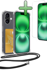 BASEY. Hoes Geschikt voor iPhone 16 Hoesje Pas Houder Shock Proof Case Hoes Met Koord Met Screenprotector - Hoesje Geschikt voor iPhone 16 Hoes Met Telefoonkoord Pasjeshouder Cover - Transparant