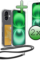 BASEY. Hoes Geschikt voor iPhone 16 Hoesje Pas Houder Shock Proof Case Hoes Met Koord Met 2x Screenprotector - Hoesje Geschikt voor iPhone 16 Hoes Met Telefoonkoord Pasjeshouder Cover - Transparant